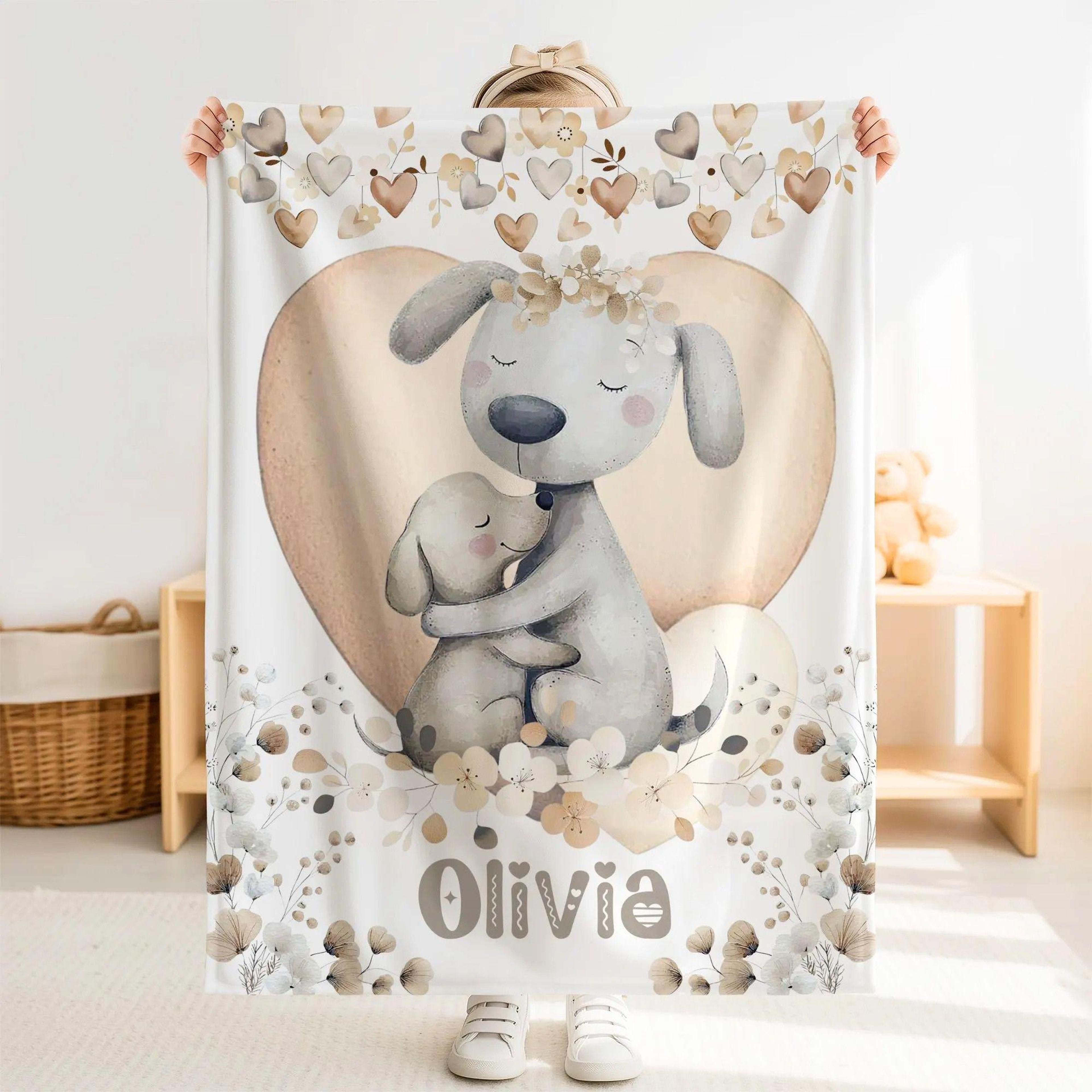 personalized puppy sherpa baby blanket, custom name dog farm animal nursery gift, cute puppy baby blanket