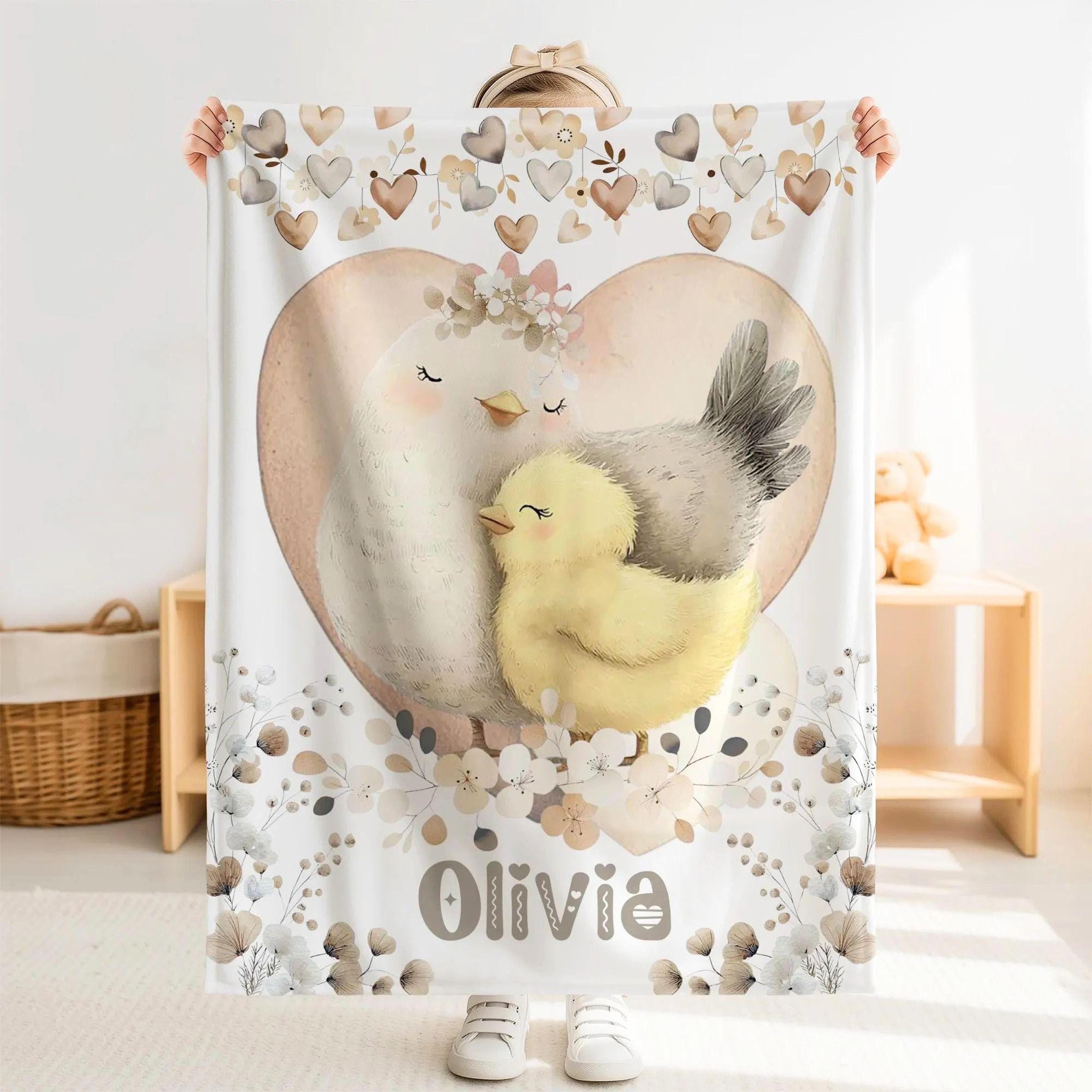 personalized chicken sherpa baby blanket, custom name farm animal nursery gift, cute chicken baby blanket, farmhouse new