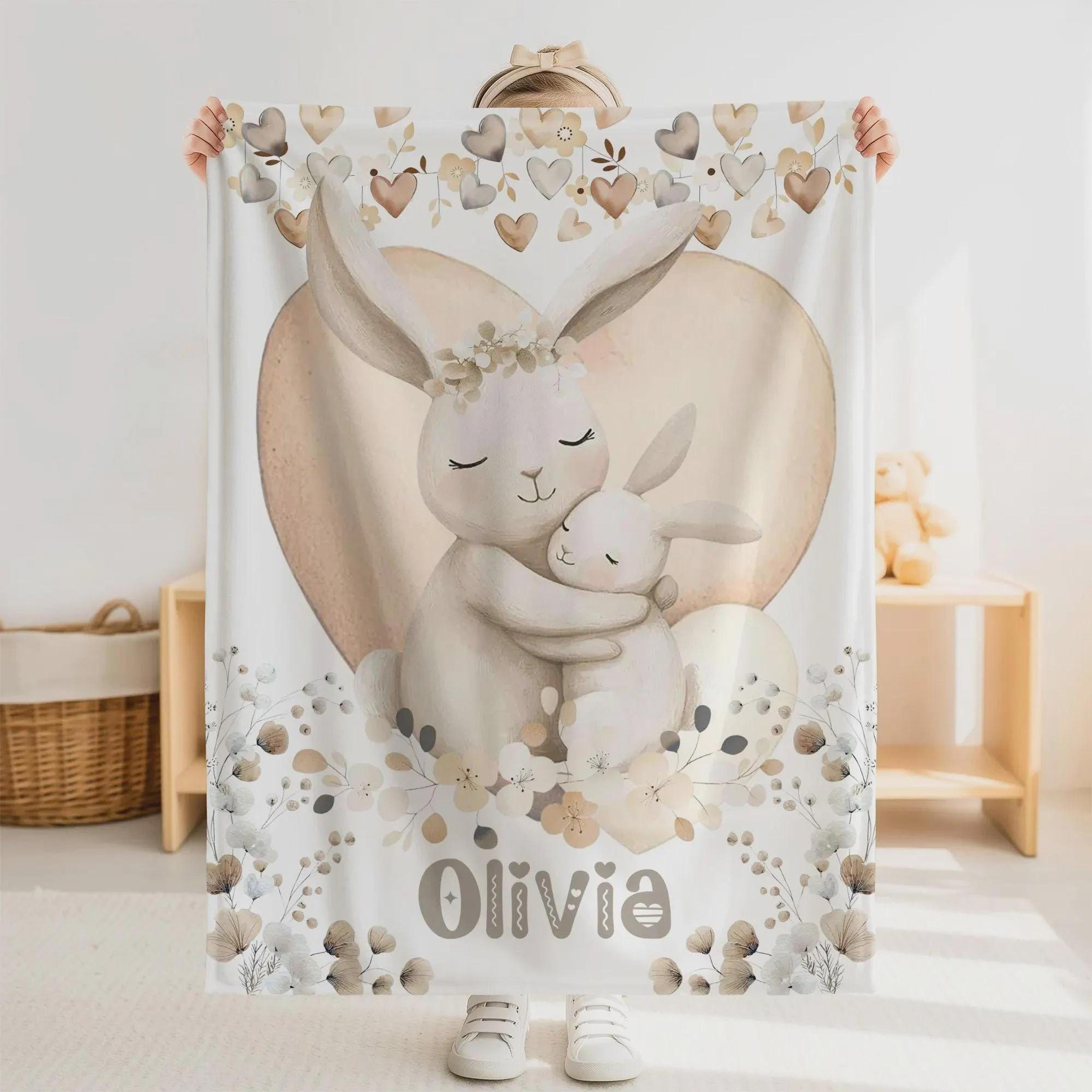 personalized bunny sherpa baby blanket, custom name rabbit farm animal nursery gift, cute bunny baby girl blanket