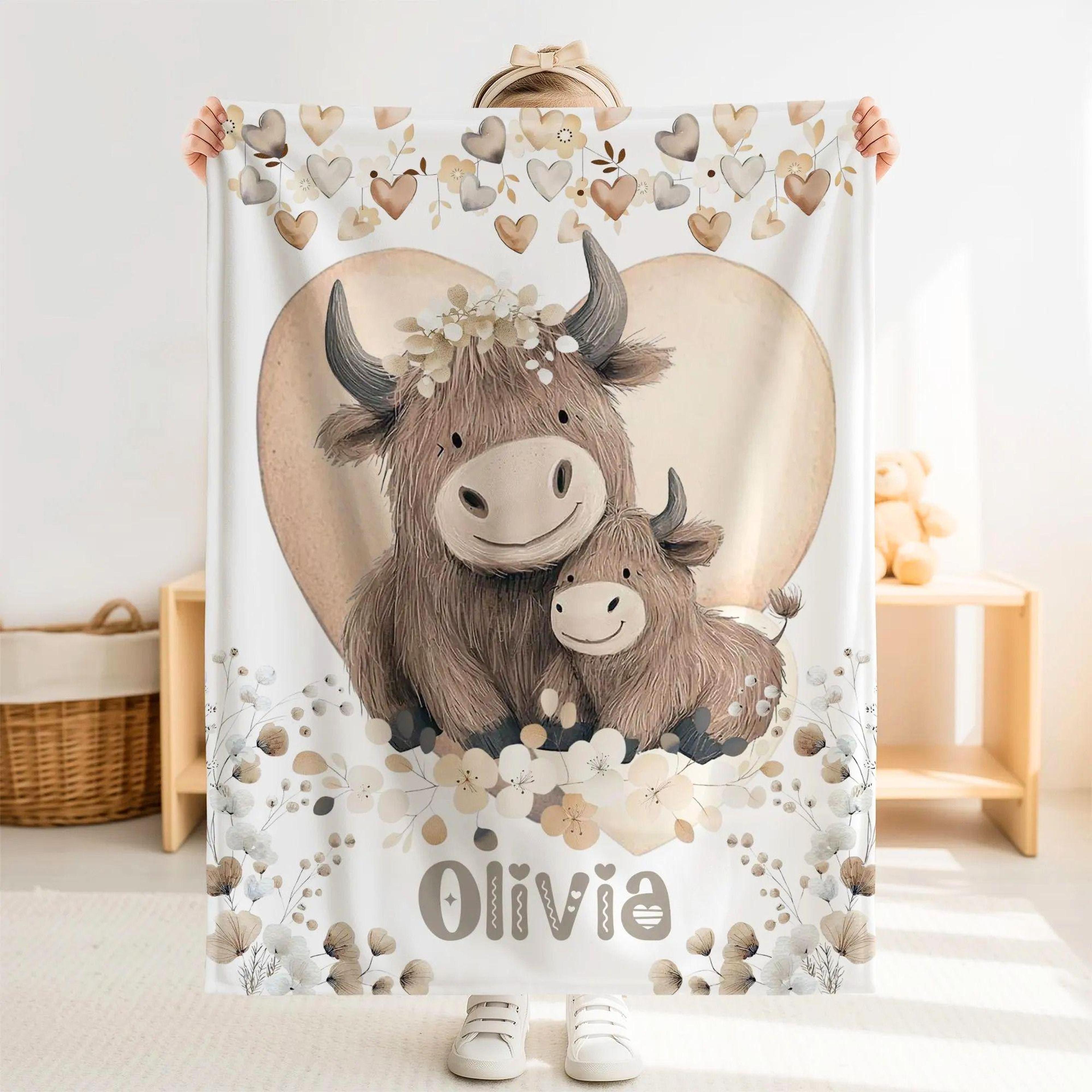 personalized highland cow sherpa baby blanket, custom name farm animal nursery gift, cute highland cow baby blanket