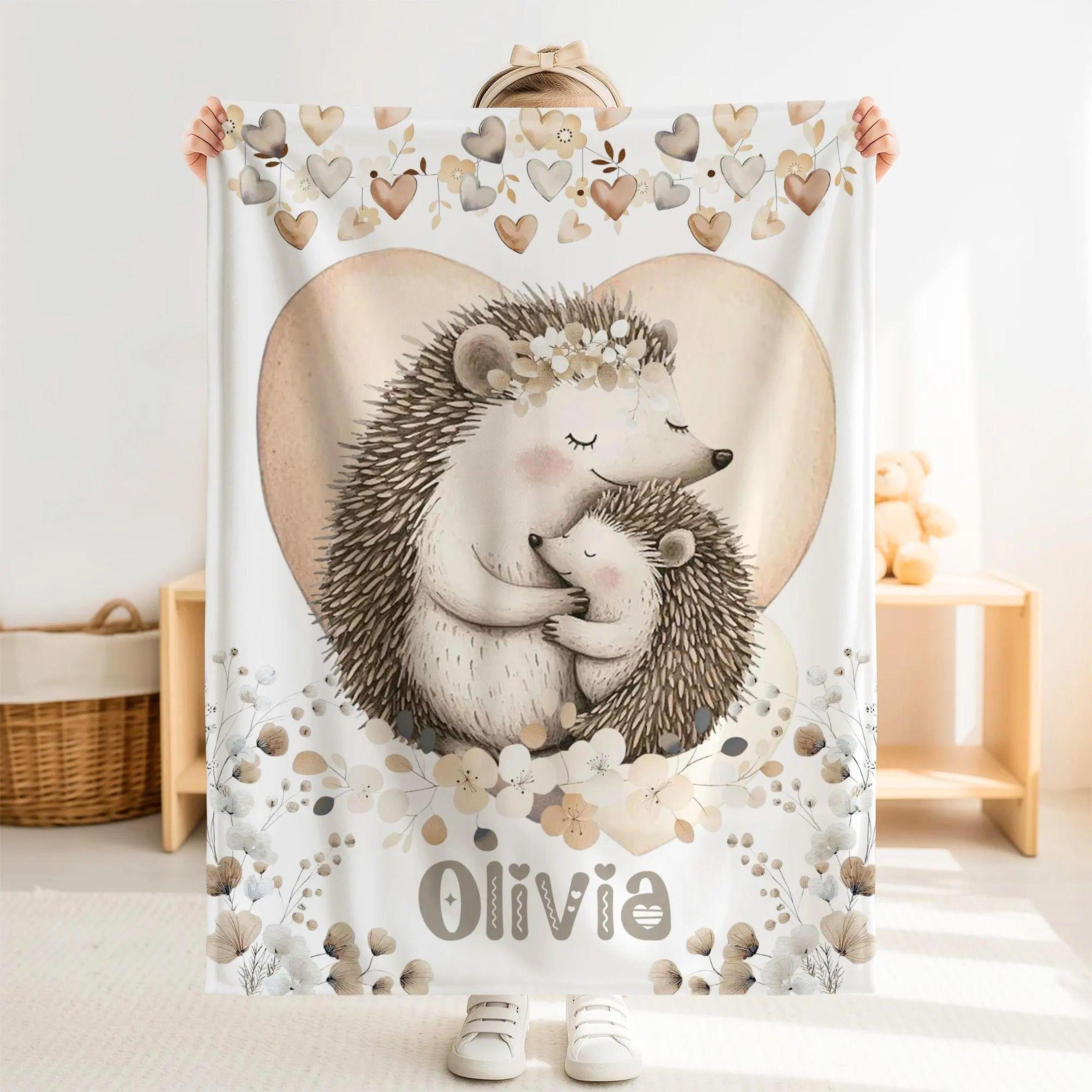 personalized hedgehog sherpa baby blanket, custom name forest animal nursery gift, cute woodland hedgehog baby blanket