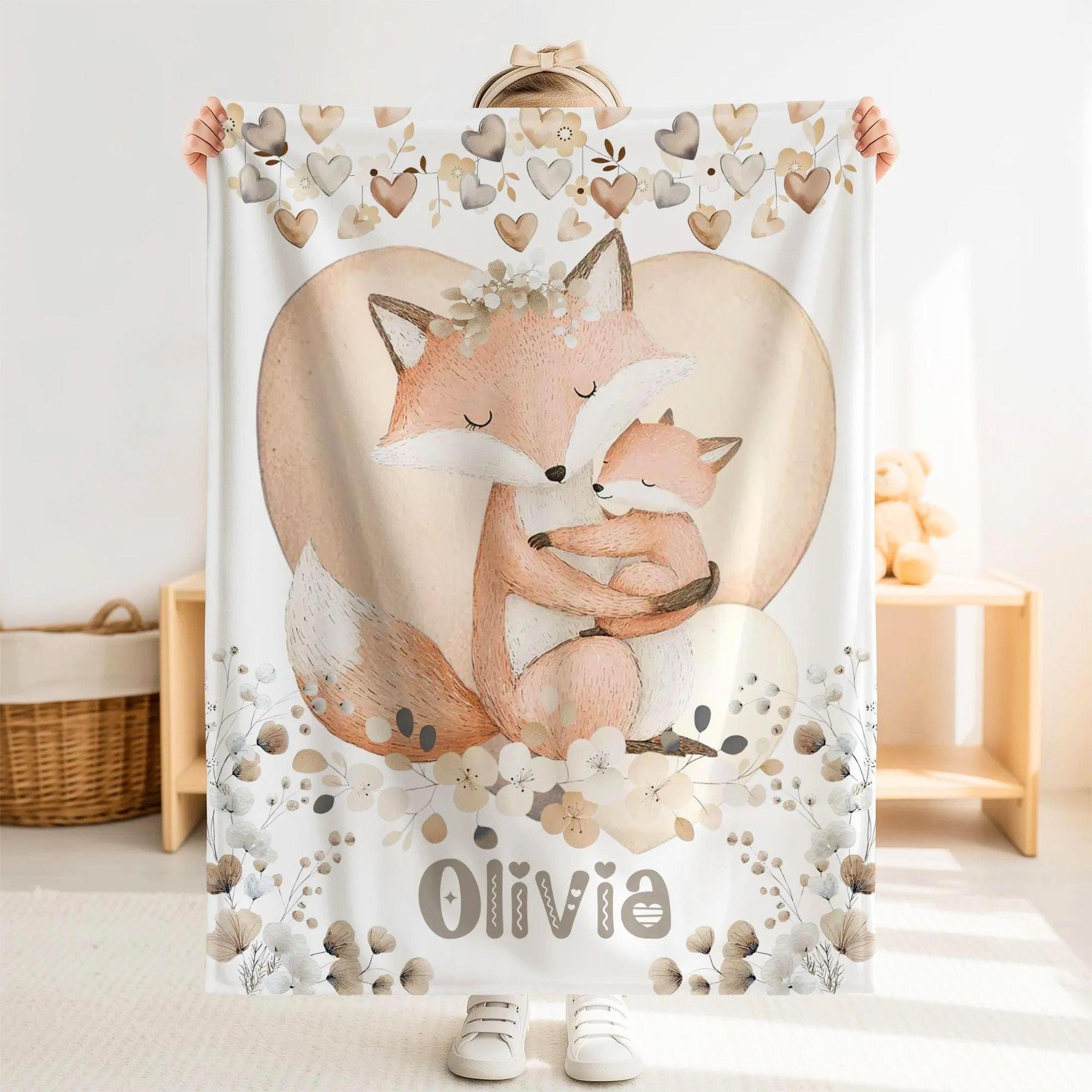 personalized fox sherpa baby blanket, custom name forest animal nursery gift, cute woodland fox baby blanket, forest new