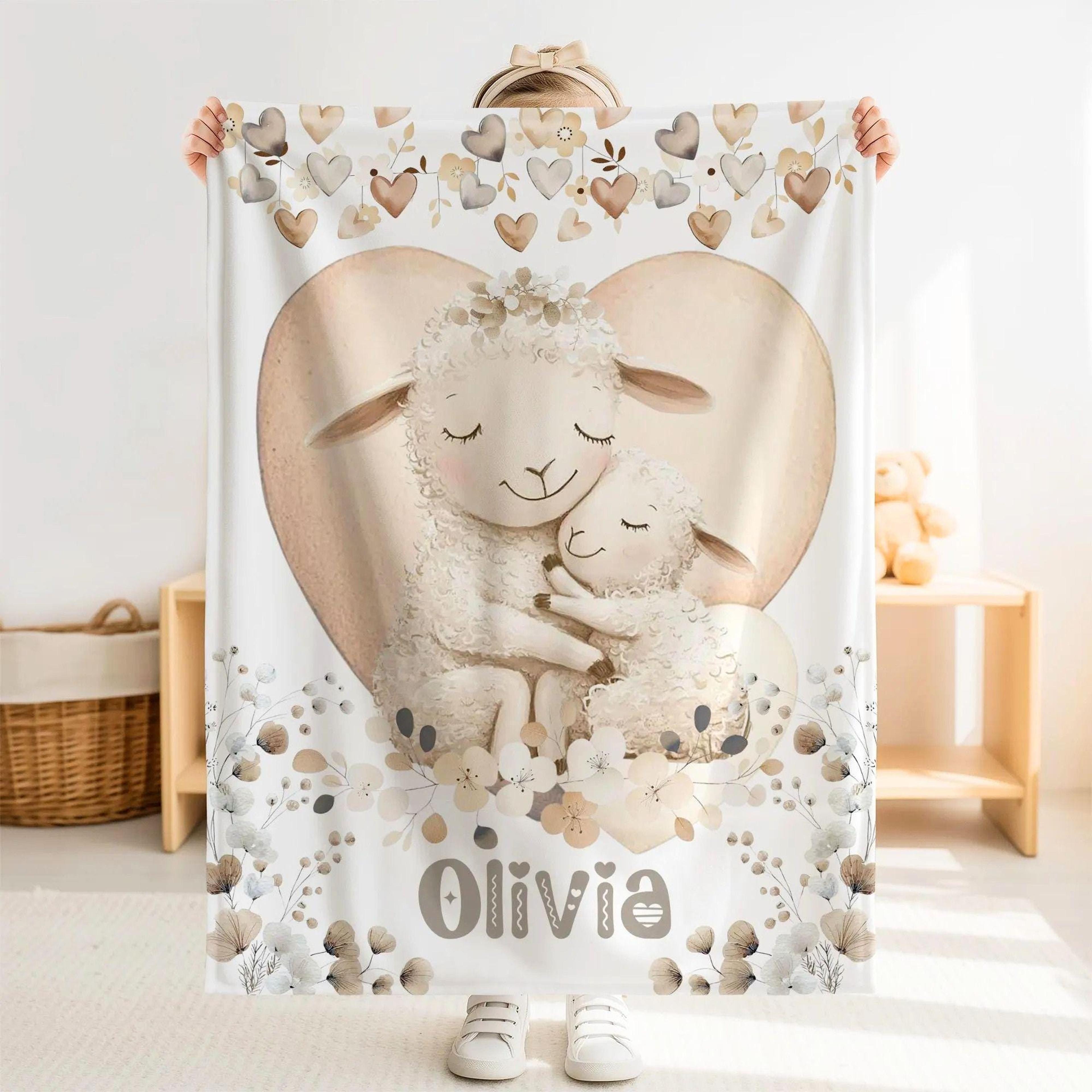 personalized sheep sherpa baby blanket, custom name farm animal nursery gift, cute sheep baby blanket, farmhouse newborn
