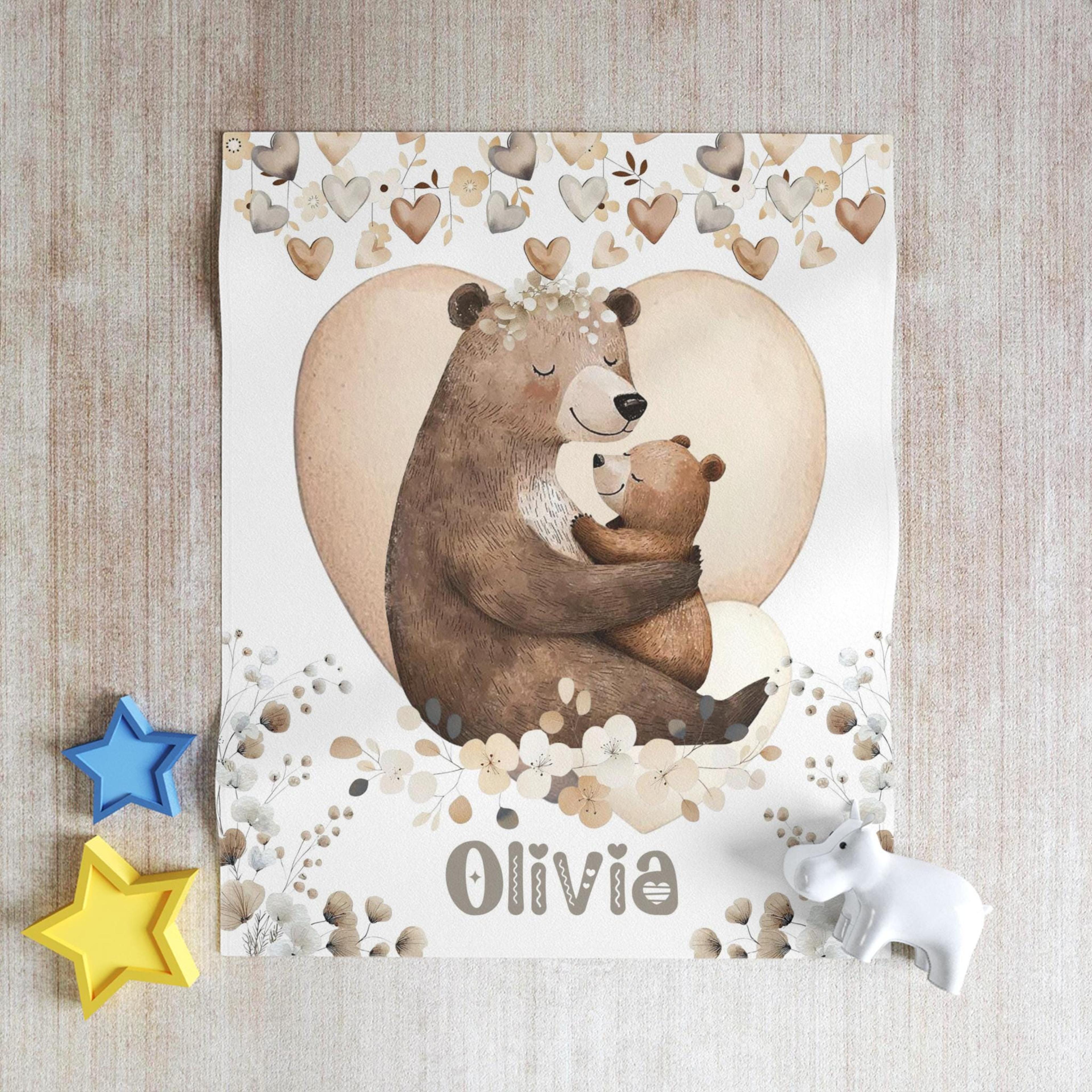 personalized bear sherpa baby blanket, custom name woodland forest animal nursery gift, cute bear baby blanket