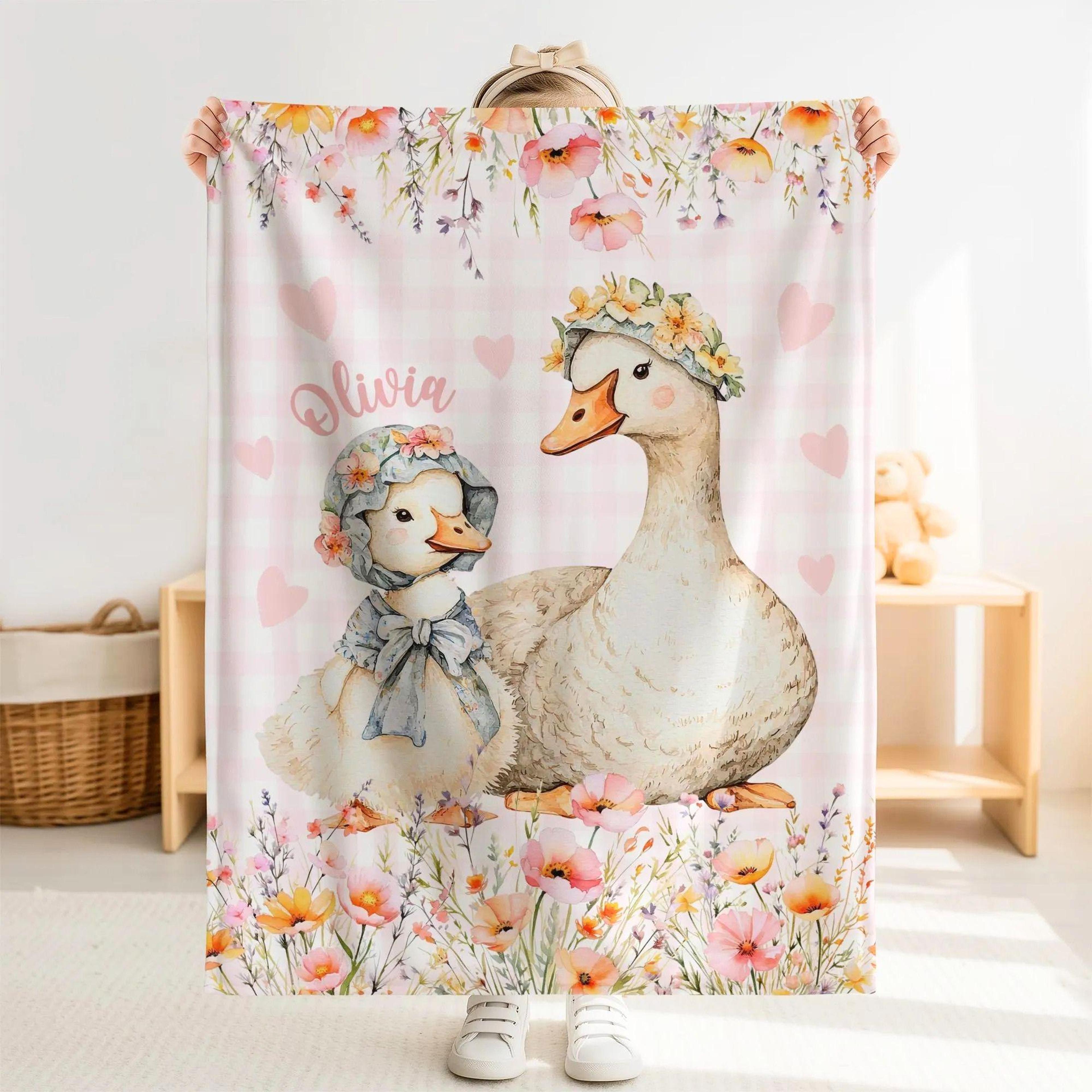 personalized silly goose sherpa baby blanket, custom name farm animal nursery gift, cute goose baby blanket
