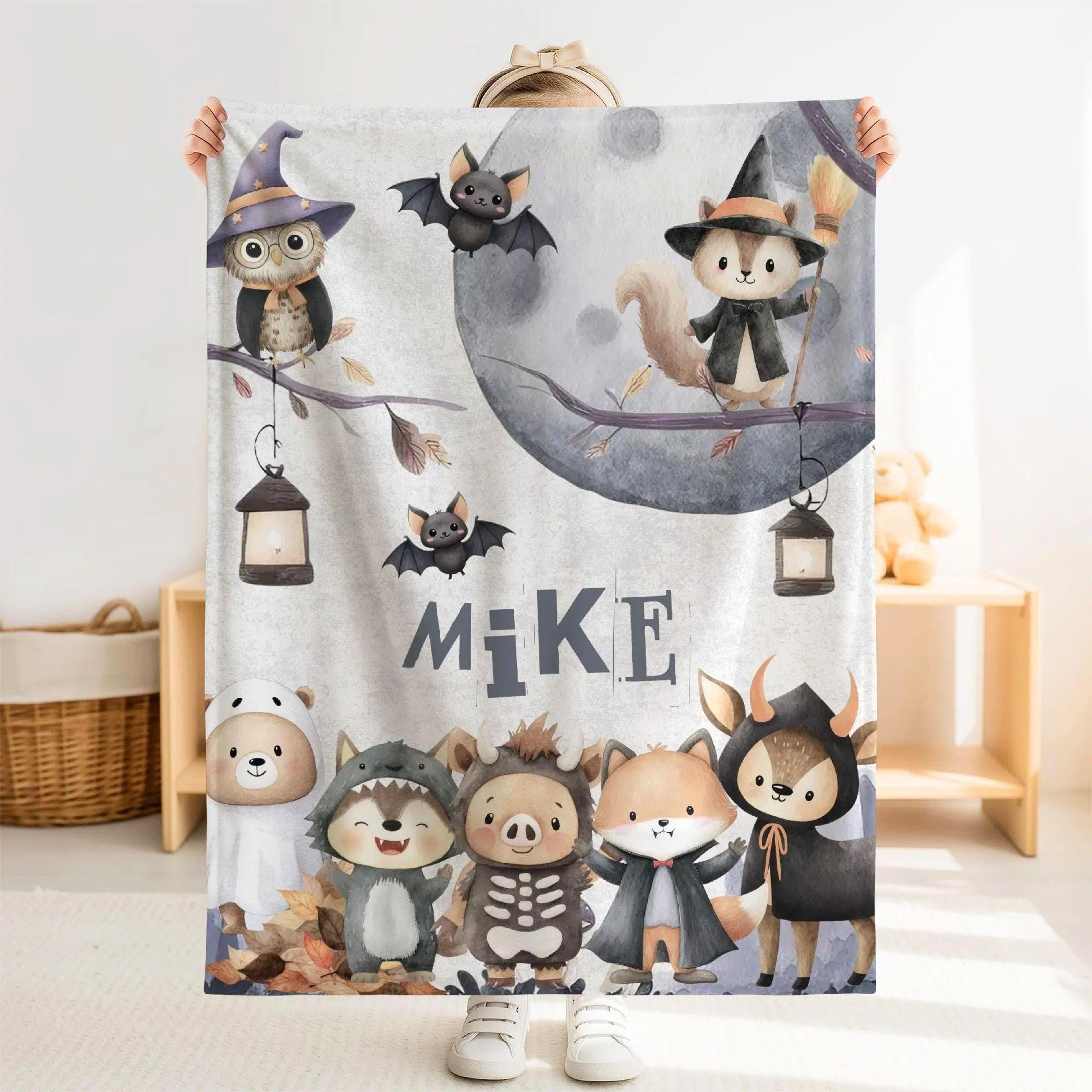 personalized halloween sherpa baby blanket, custom name spooky animal nursery gift, cute halloween baby blanket