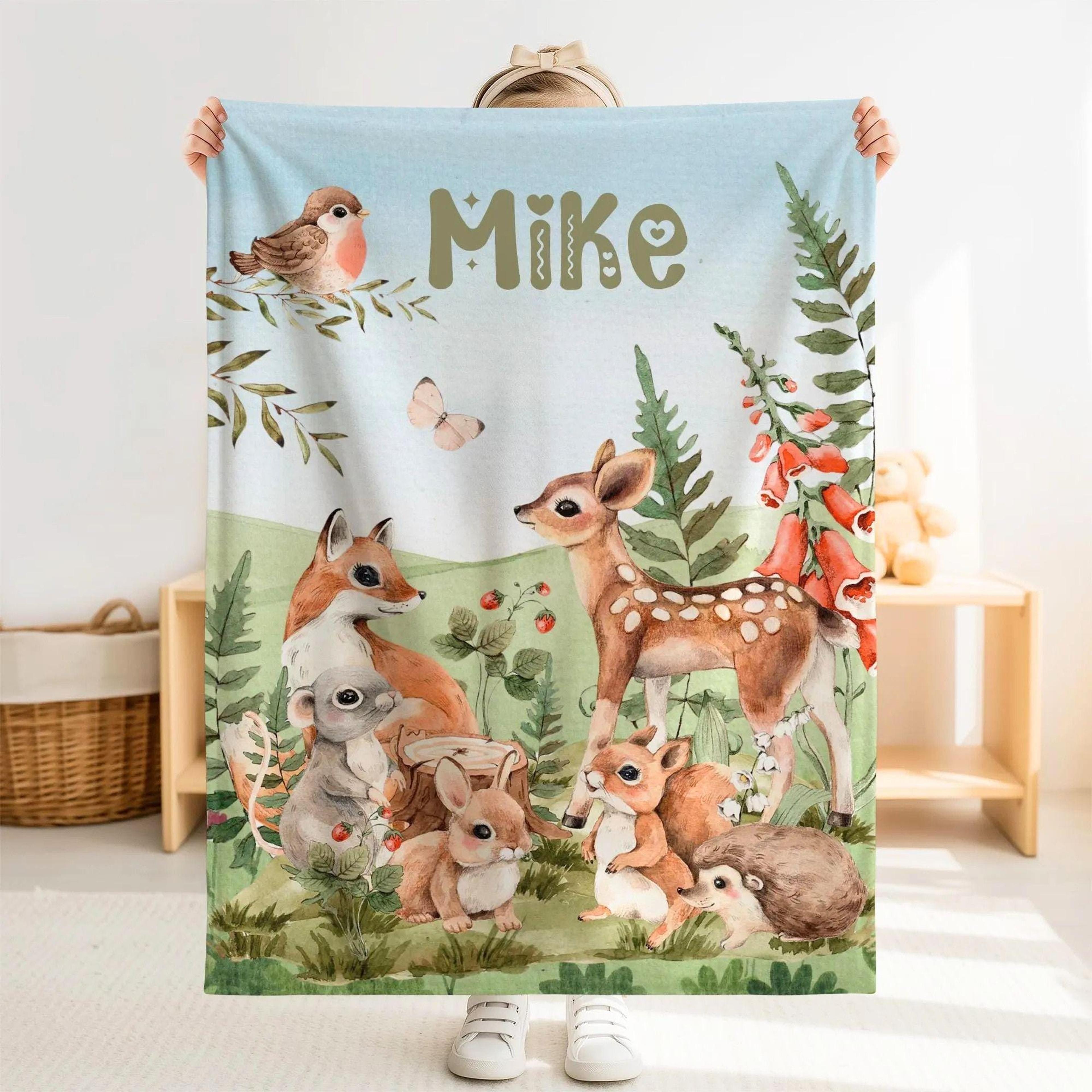 personalized woodland animals sherpa baby blanket, custom name forest nursery gift, cute forest animal baby blanket