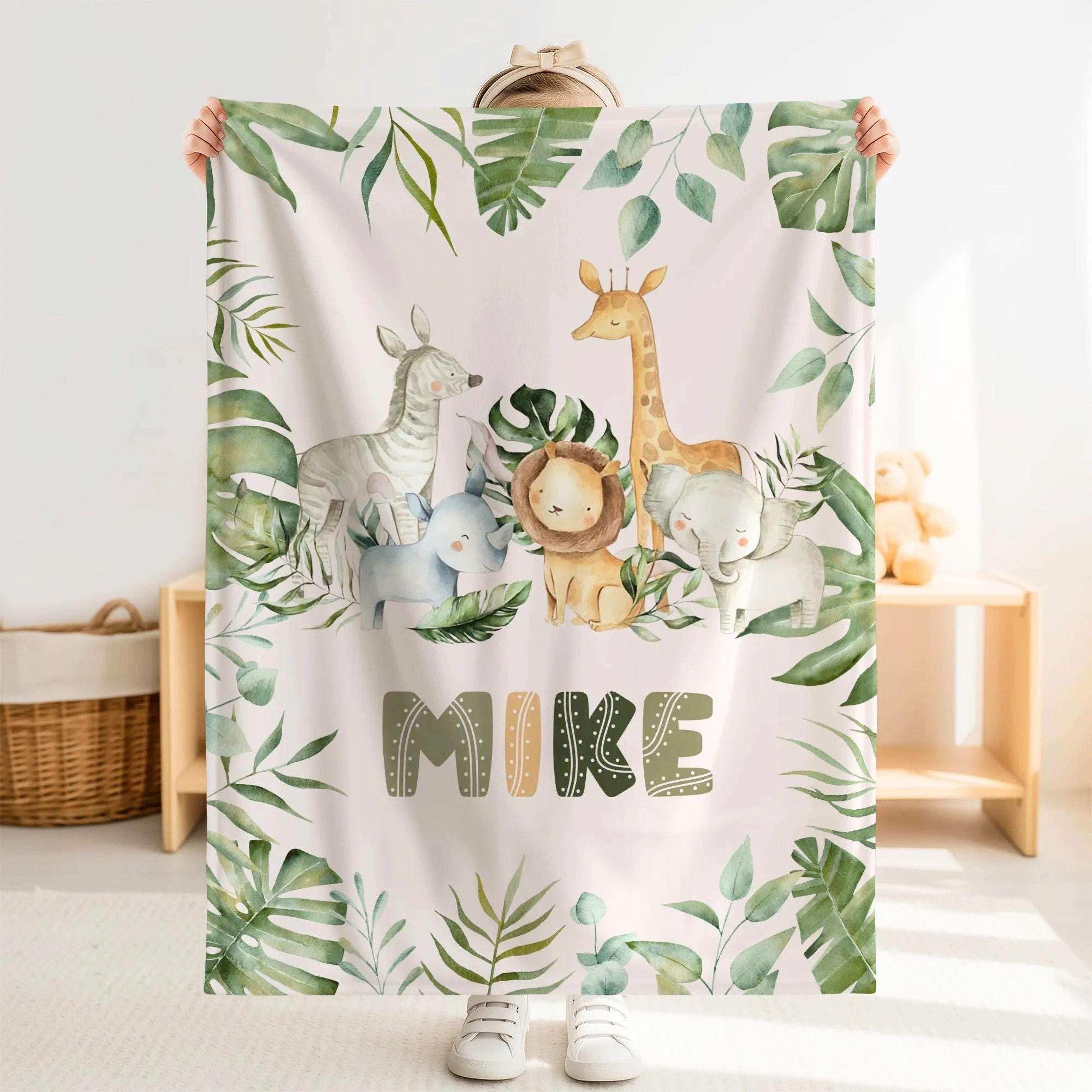 personalized safari sherpa baby blanket, custom name wild animal nursery blanket, jungle baby gift, safari nursery decor