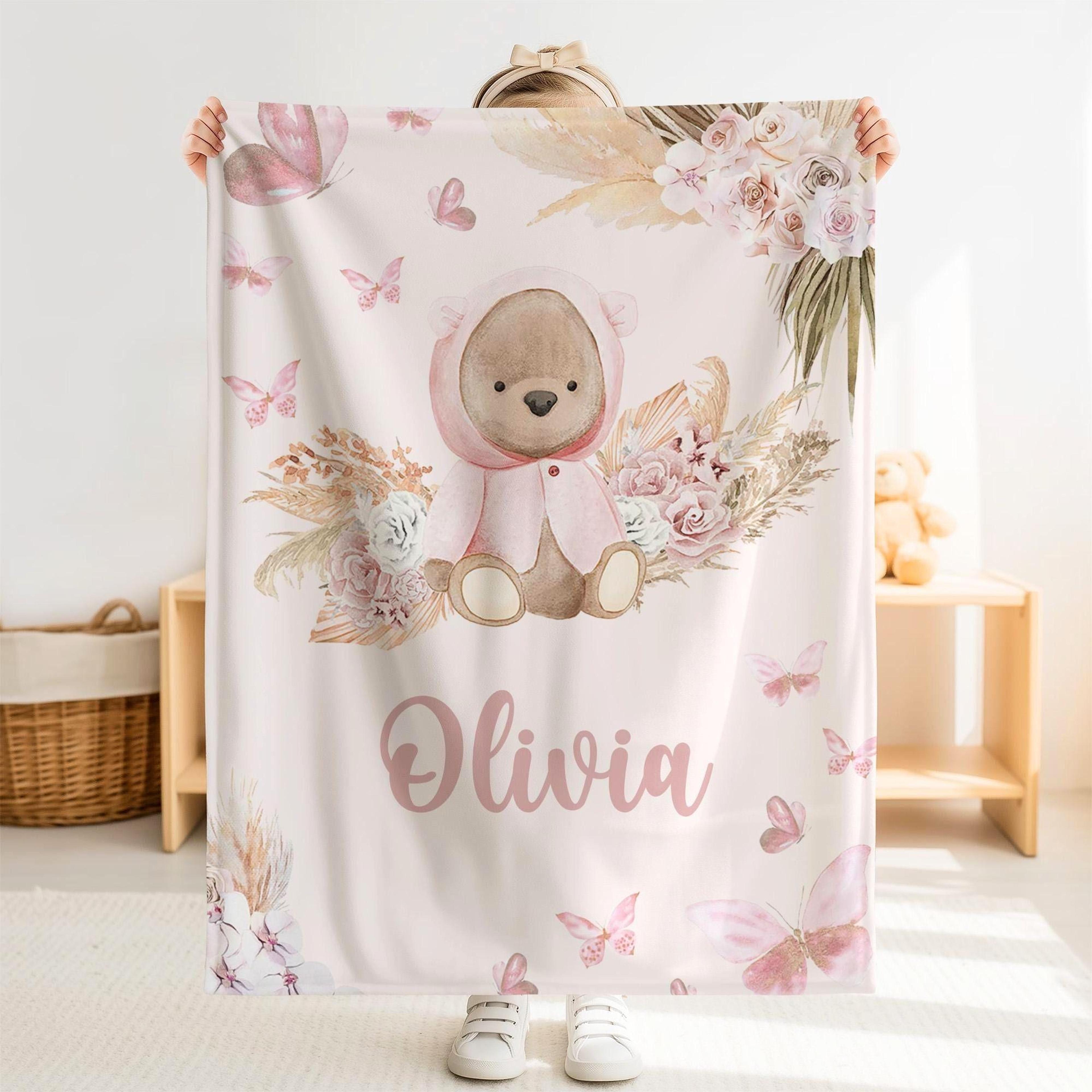 personalized boho bear sherpa baby blanket, custom name bear nursery blanket, neutral woodland baby gift, bohemian baby