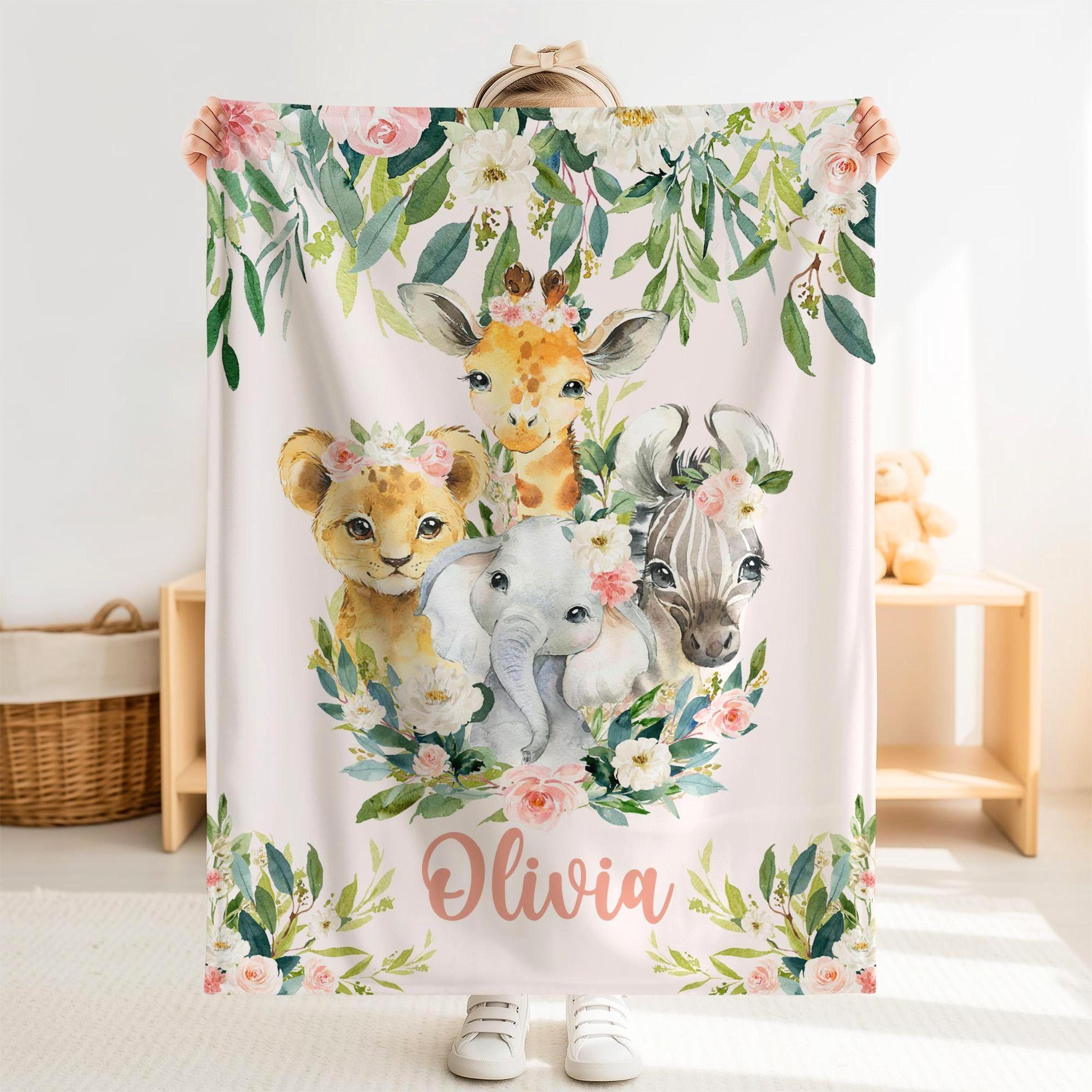 personalized safari animals sherpa baby blanket, custom name jungle animal blanket, cute wild animal nursery gift