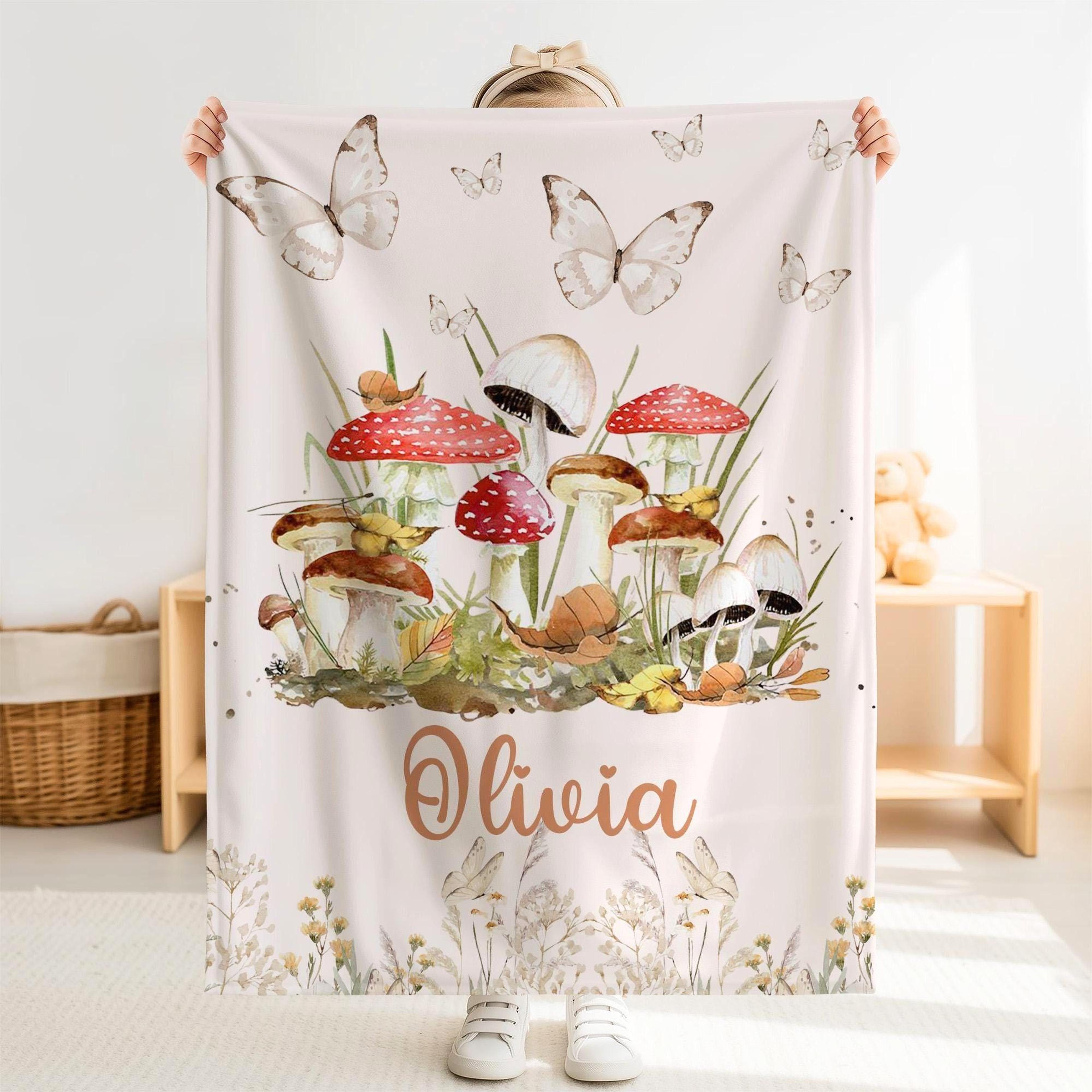 personalized mushroom sherpa baby blanket, custom name mushroom nursery blanket, cute forest nature baby gift