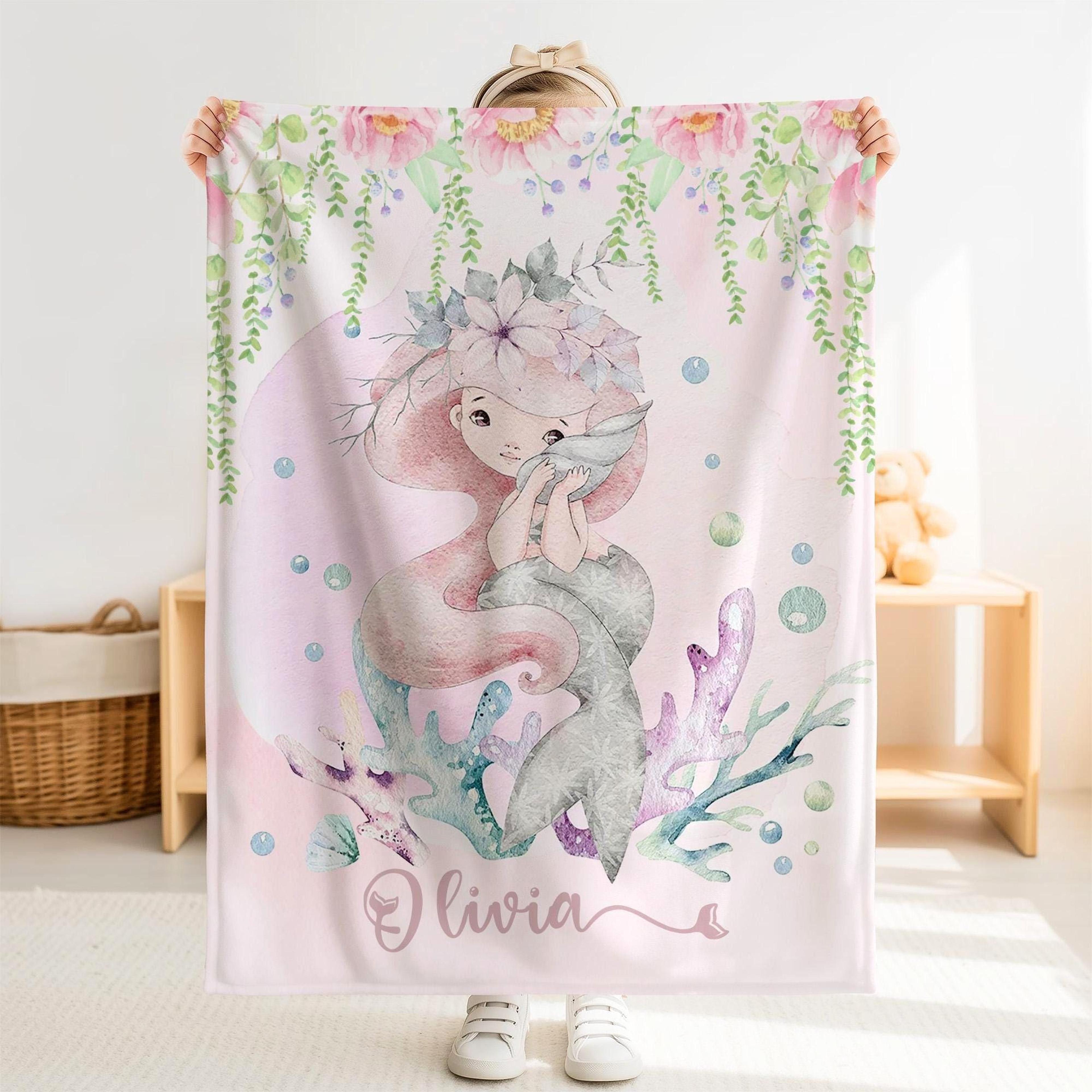 personalized sea mermaid sherpa baby blanket, custom name ocean nursery blanket, magical underwater baby girl gift