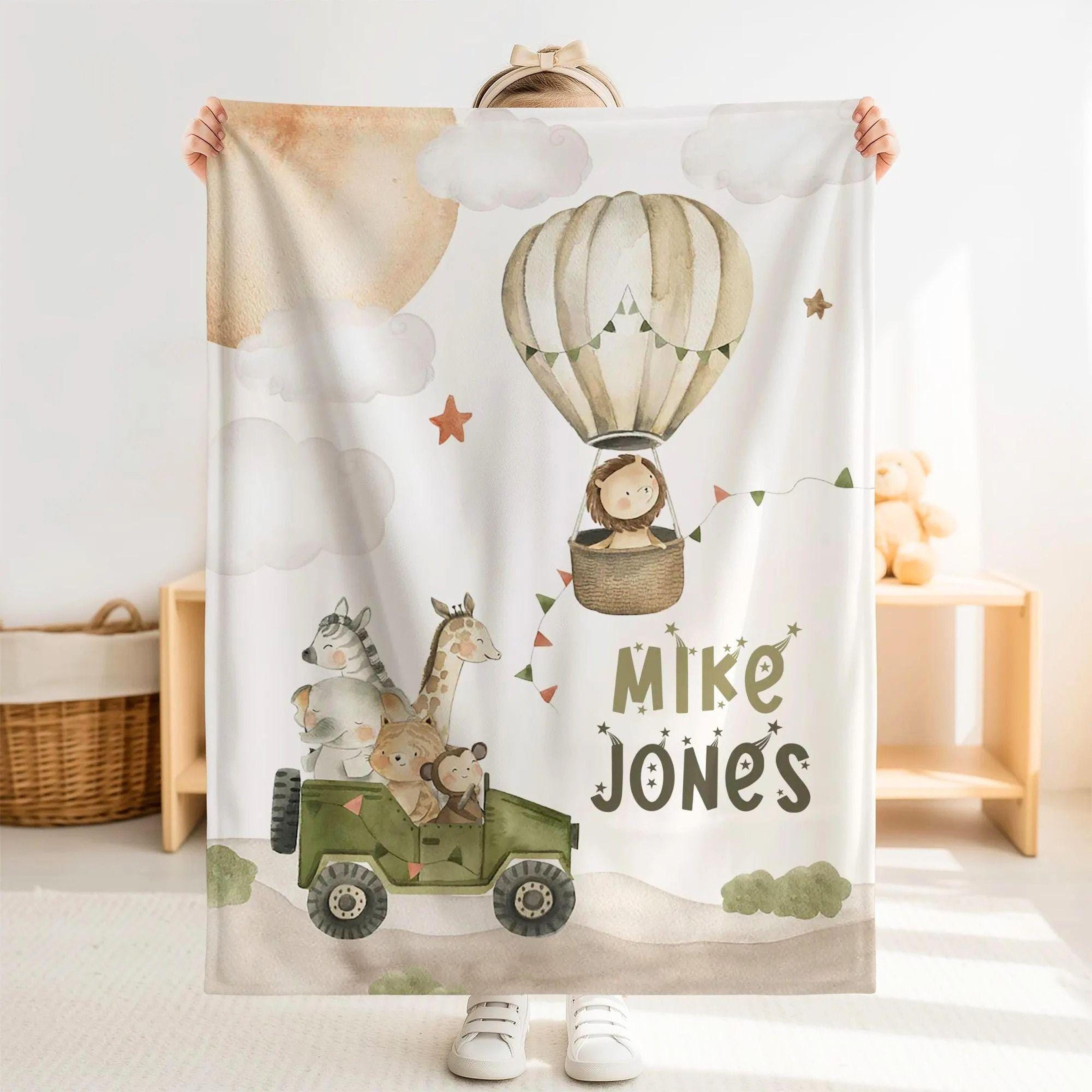 personalized hot safari sherpa baby blanket, custom name jungle nursery blanket, cute wild animal baby gift