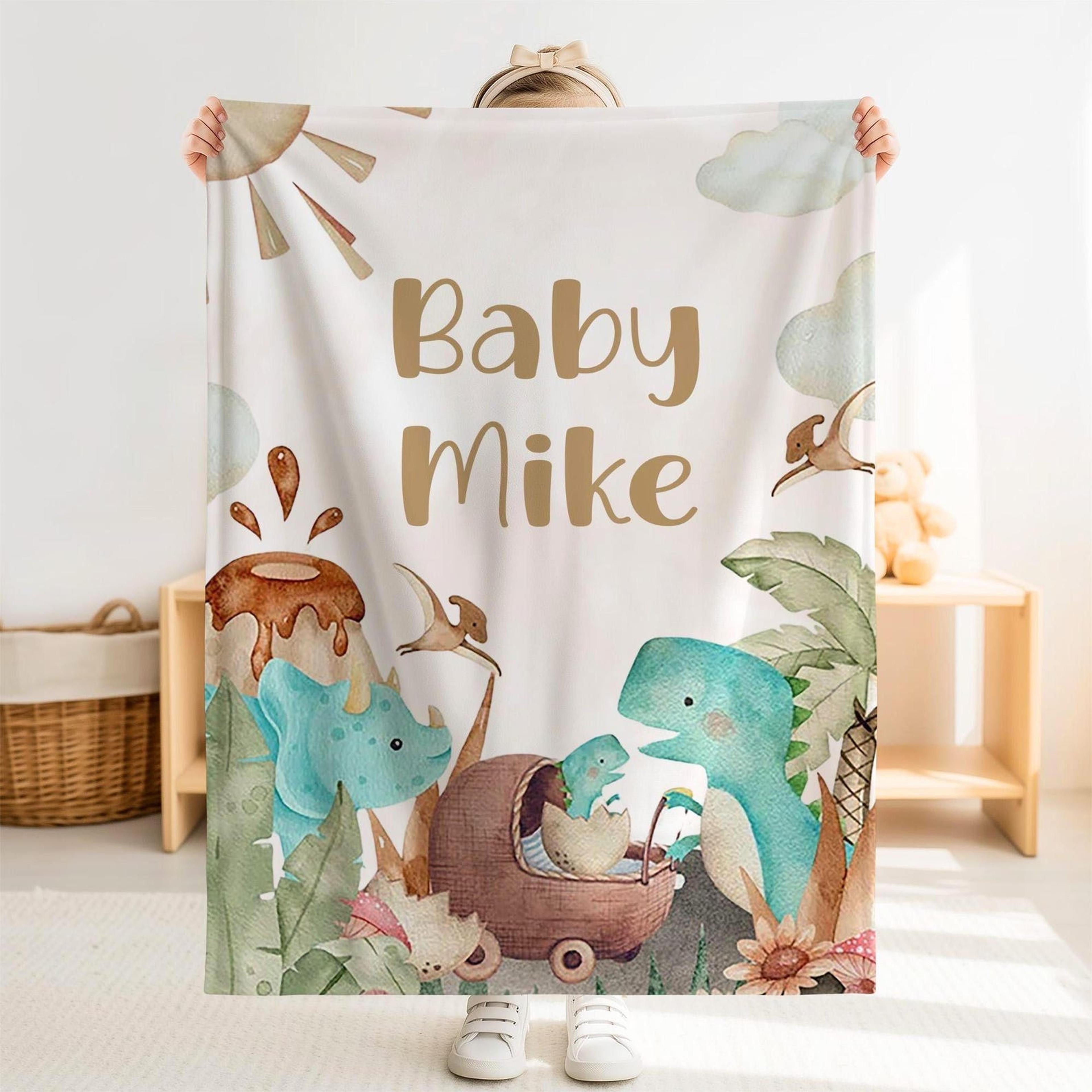 personalized little dino sherpa baby blanket, custom name dinosaur nursery blanket, cute prehistoric baby gift, dinosaur