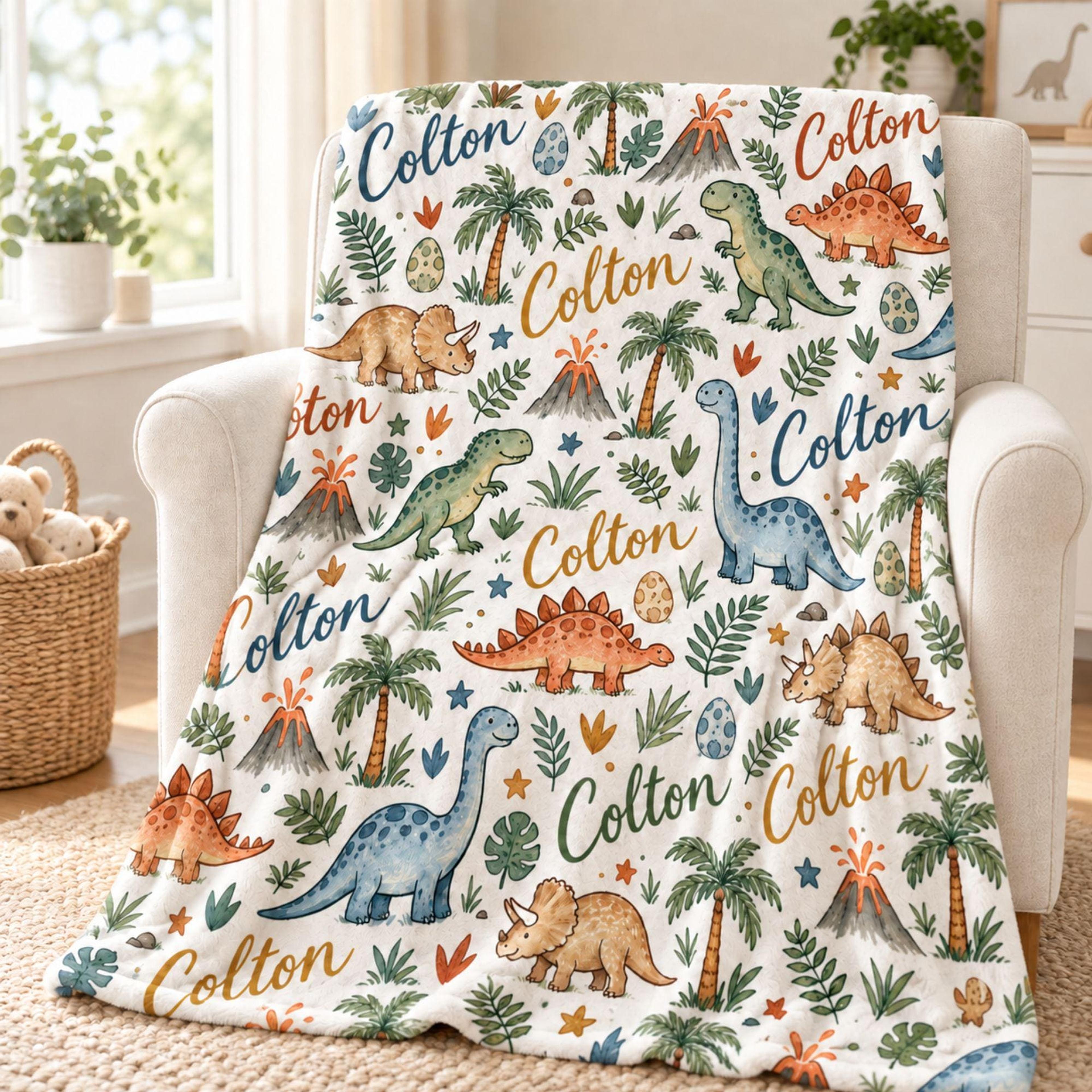 personalized dinosaur sherpa baby blanket, watercolor dino nursery blanket, custom name baby gift, cute dinosaur kids