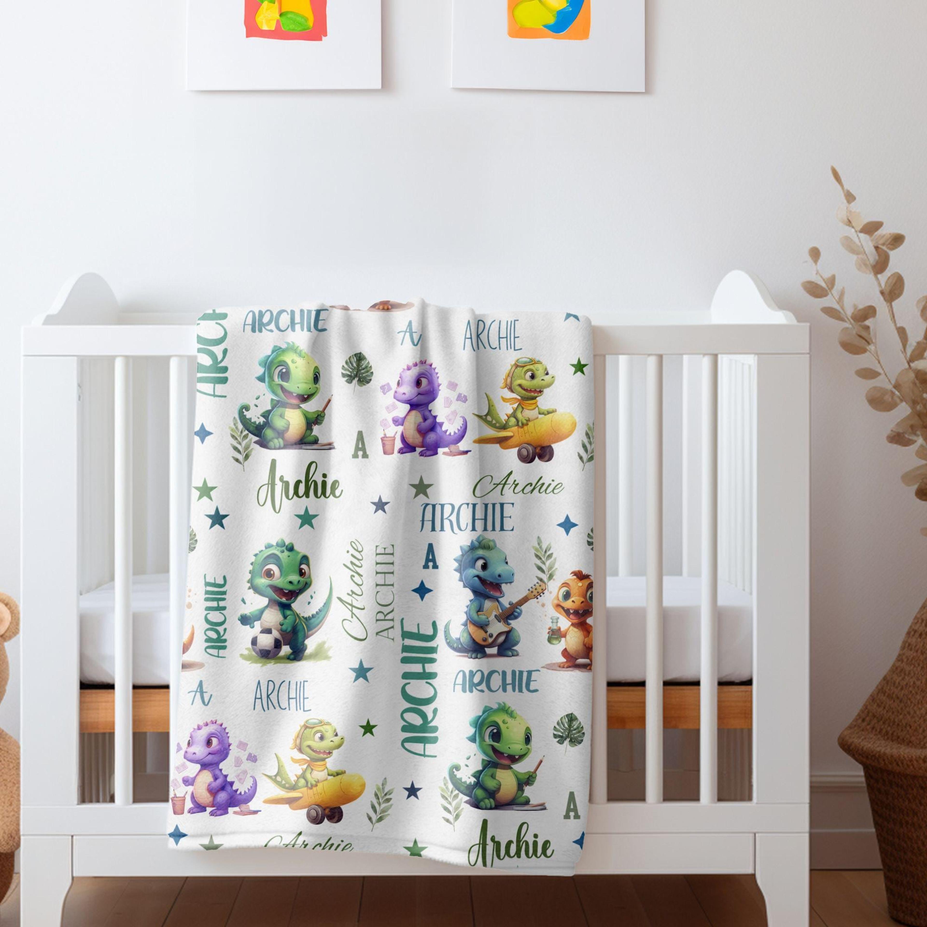 personalized dinosaur sherpa baby blanket, custom name dino blanket, cute baby boy nursery decor, prehistoric animal