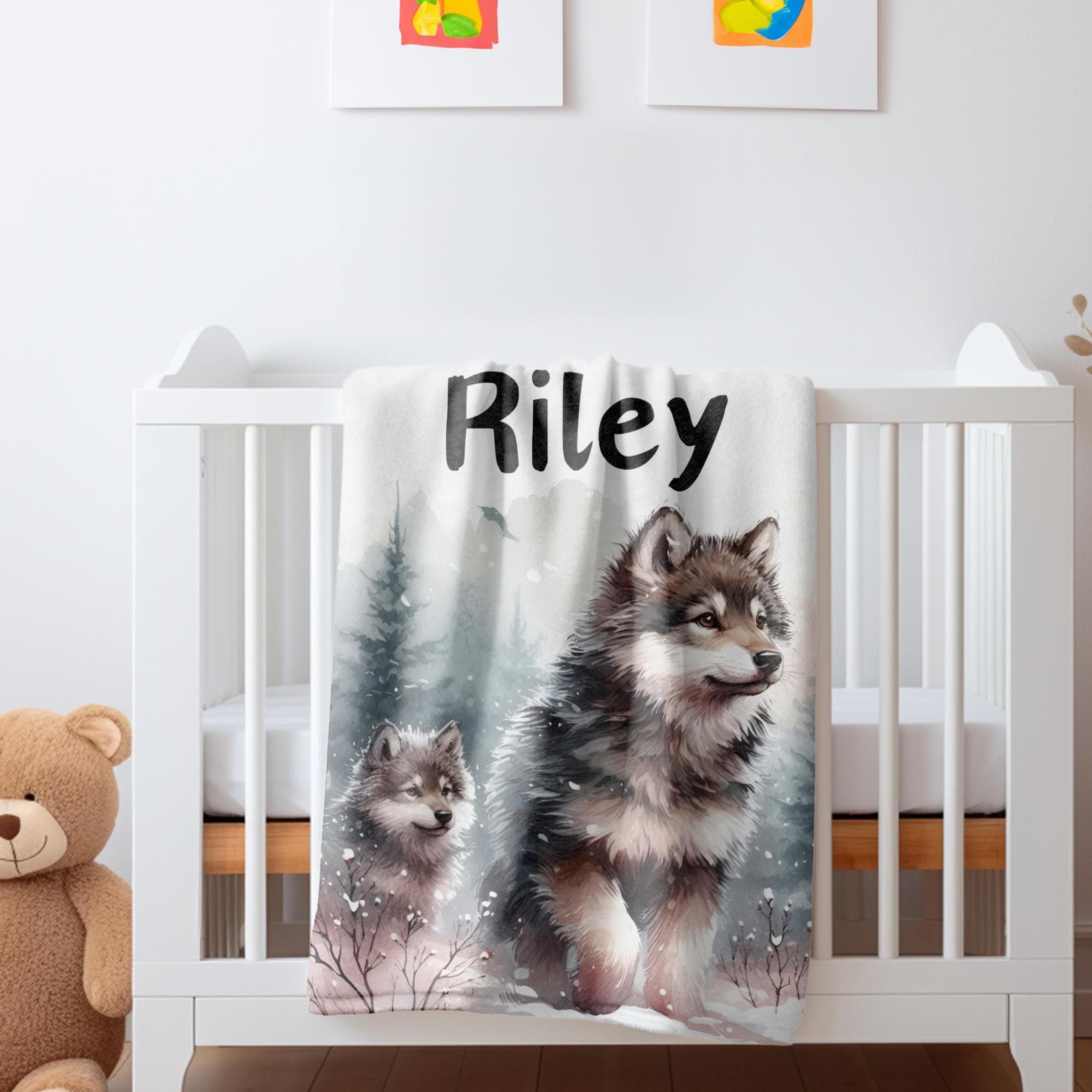 custom wolf sherpa baby blanket, personalized wildlife nursery blanket, forest animal name blanket, woodland baby gift