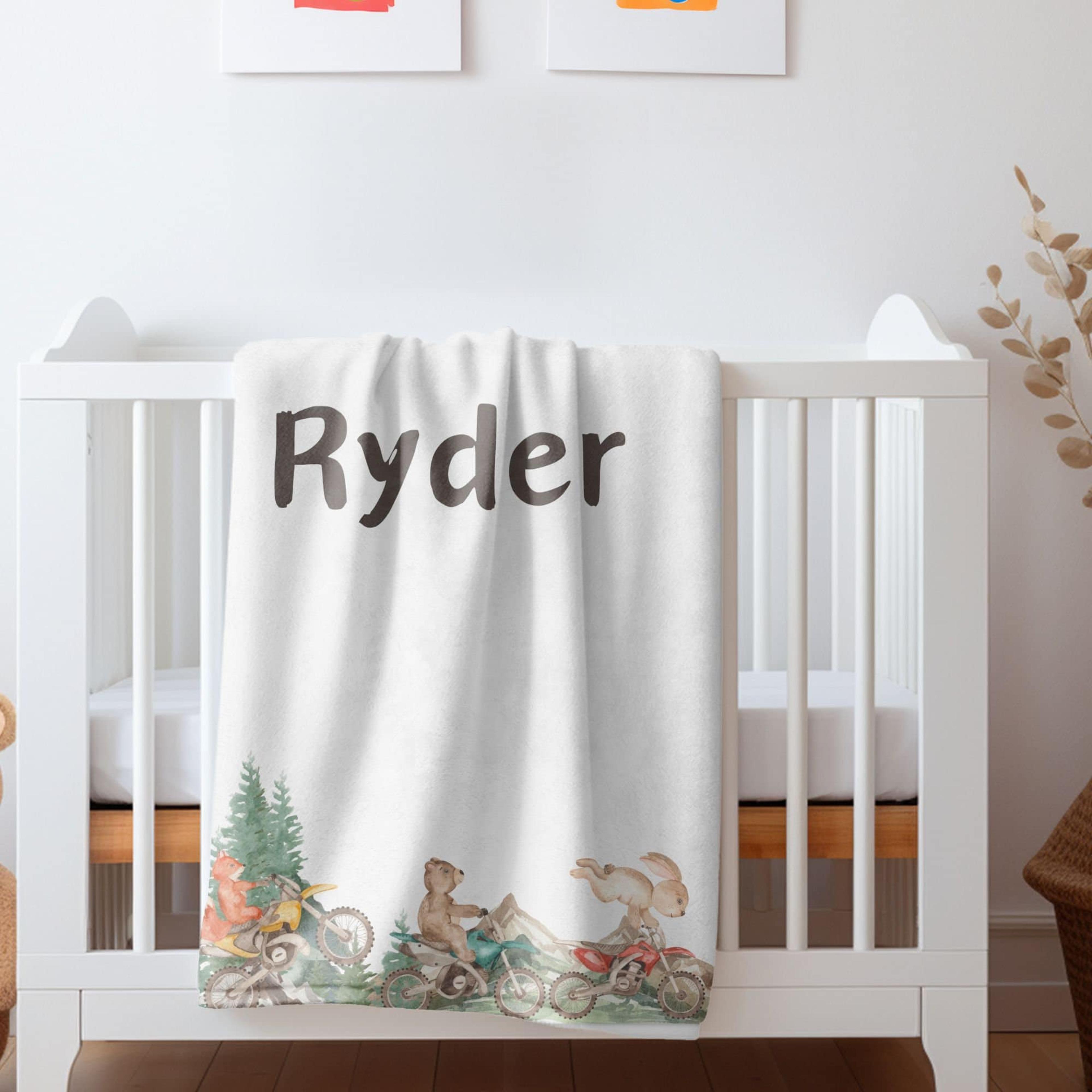personalized dirt bike sherpa baby blanket, custom name motorcycle nursery blanket, cute bear rider baby gift, motocross