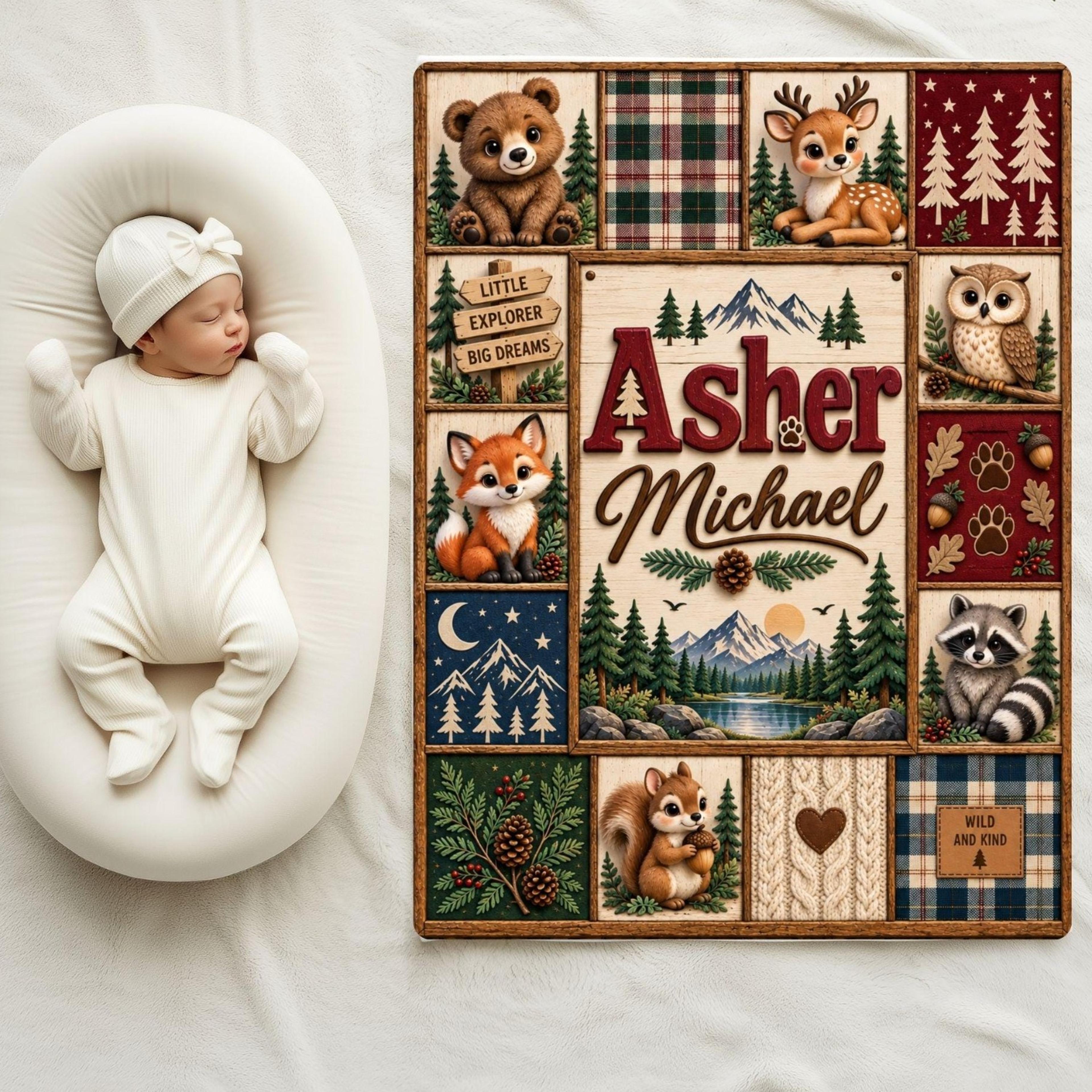personalized woodland animals sherpa baby blanket, custom name forest nursery blanket, cute nature animal baby gift