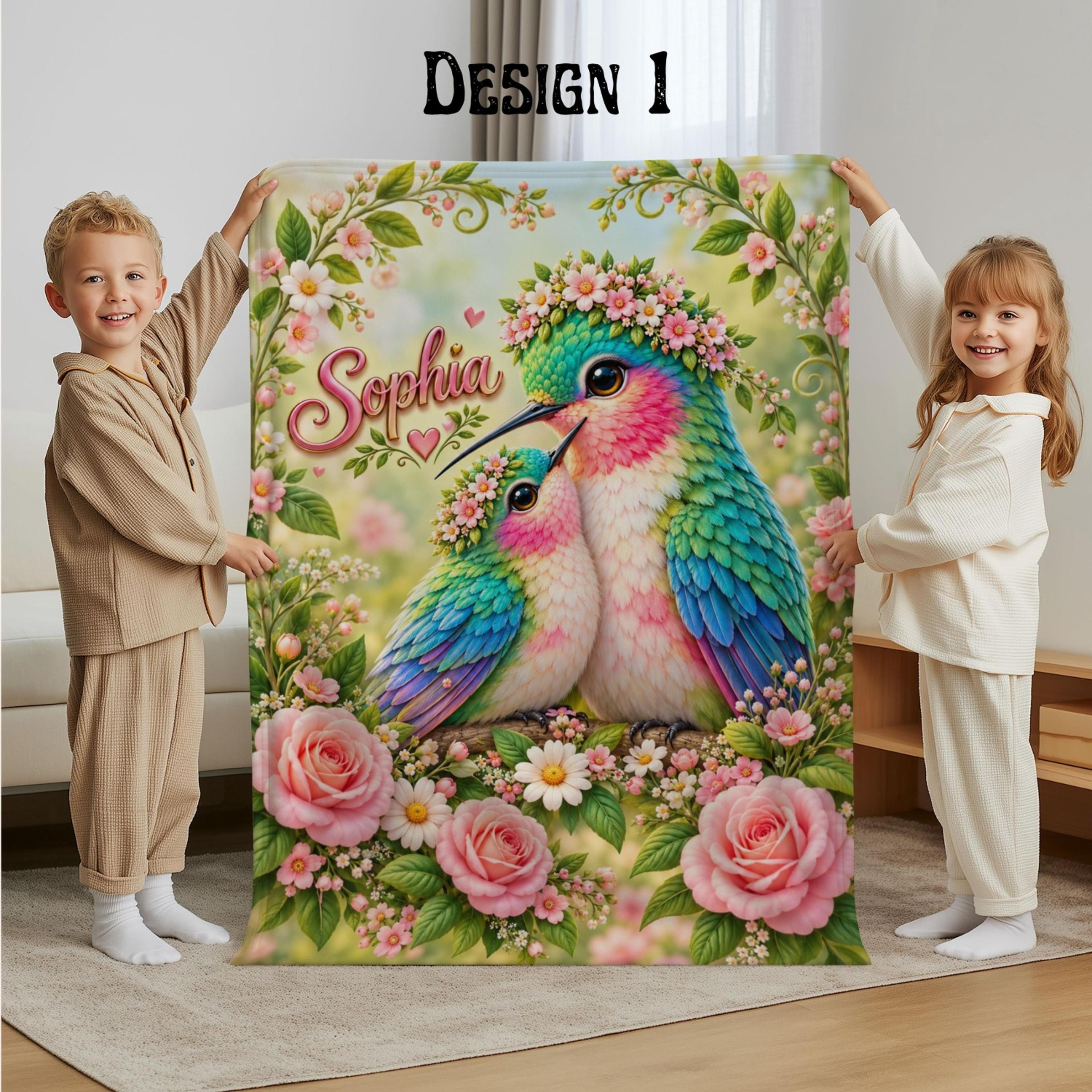 personalized hummingbird sherpa baby blanket, custom name floral bird blanket, colorful garden nursery decor