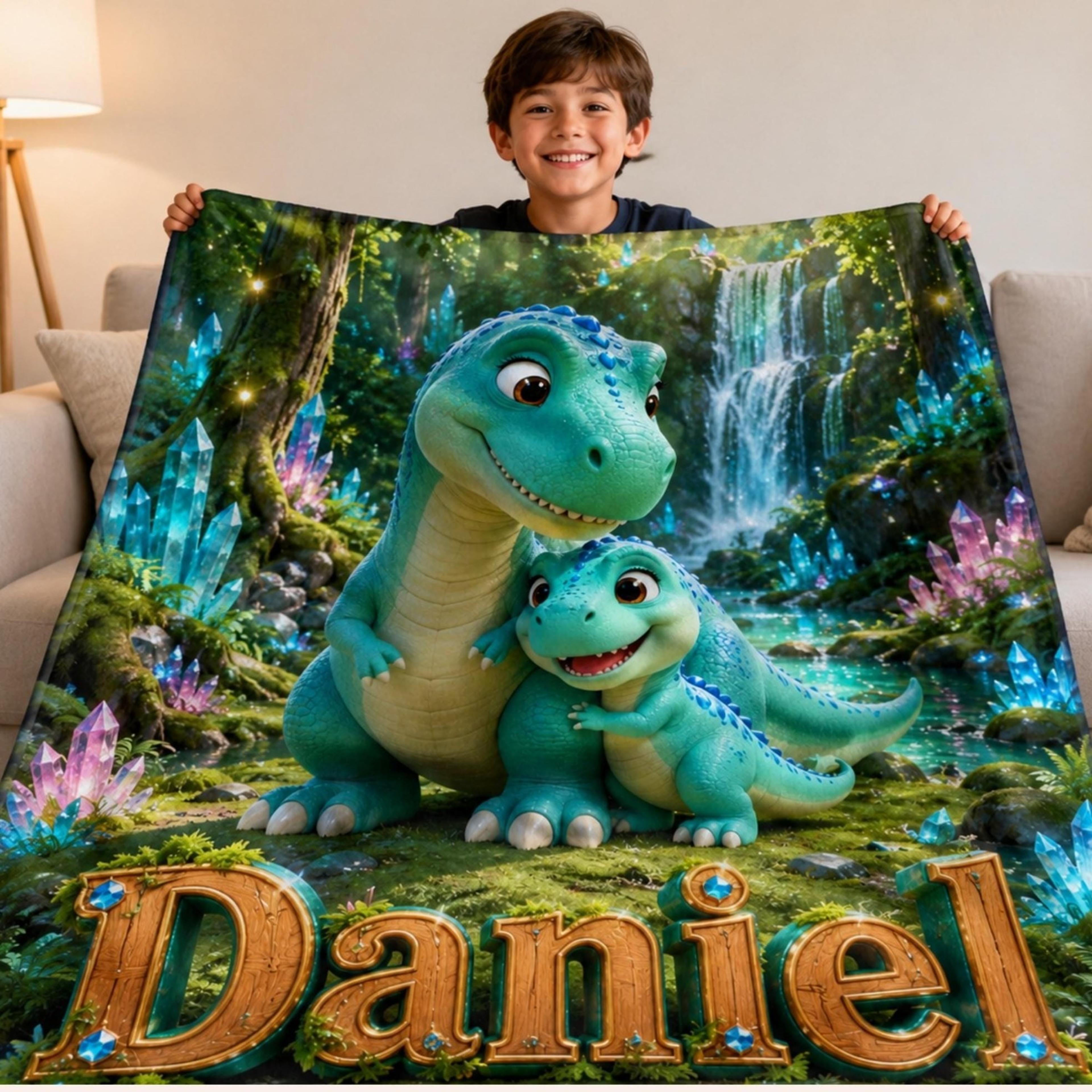 personalized dinosaur sherpa baby blanket, custom name dino blanket, cute dinosaur nursery decor, fantasy forest baby
