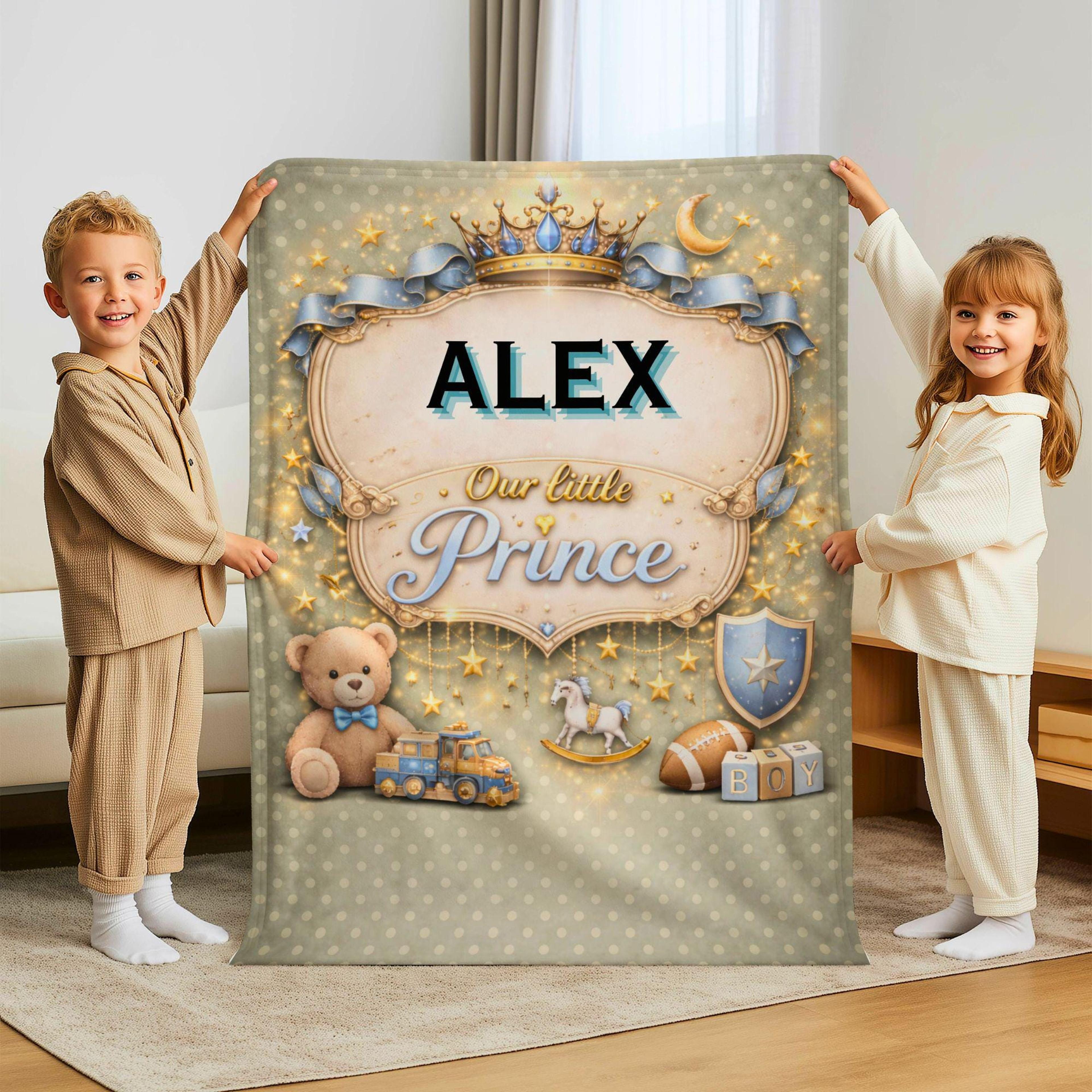 personalized little prince baby blanket, custom name sherpa blanket, baby boy gift, newborn prince nursery blanket