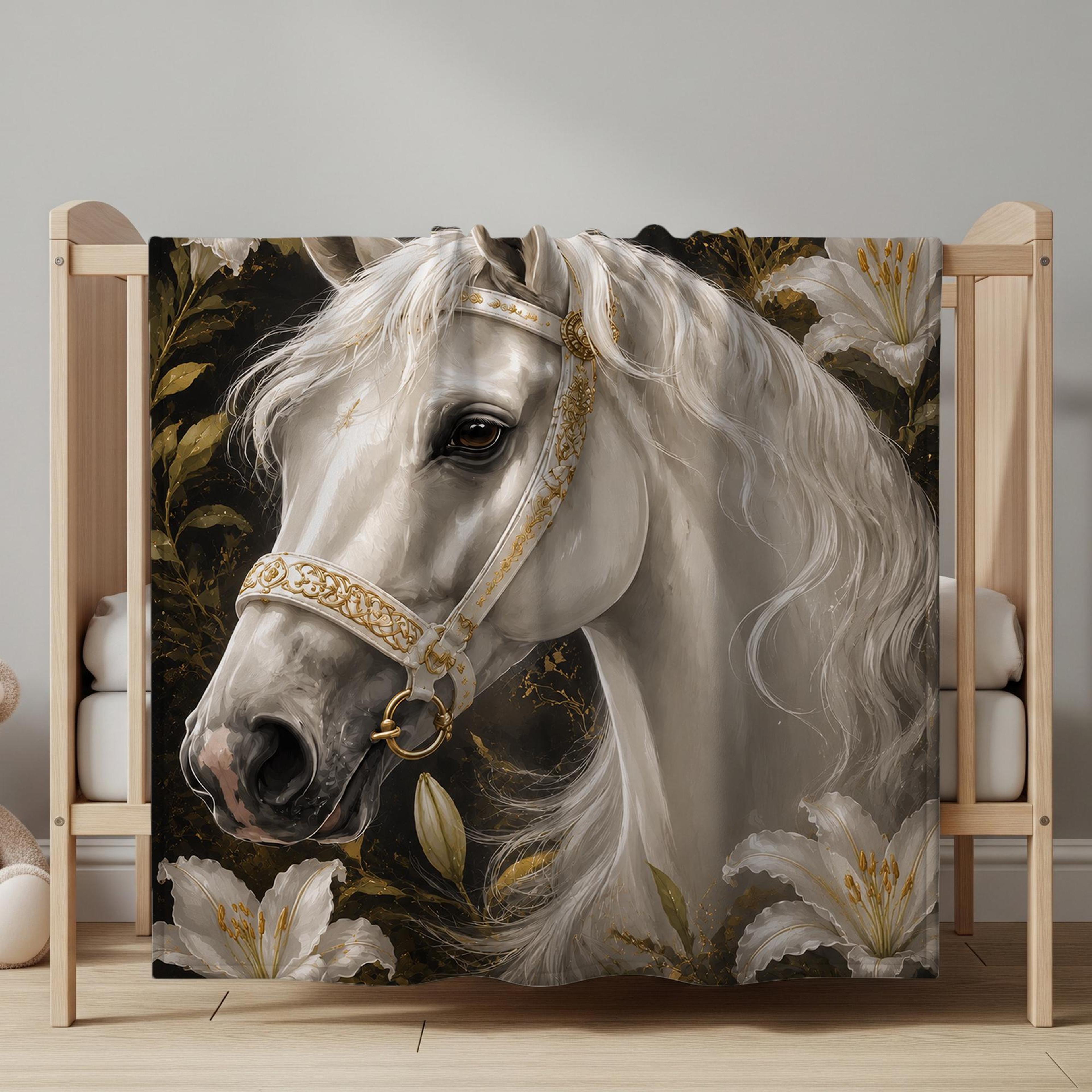 personalized white horse blanket, custom name horse sherpa blanket, equestrian gift, horse lover gift, floral horse