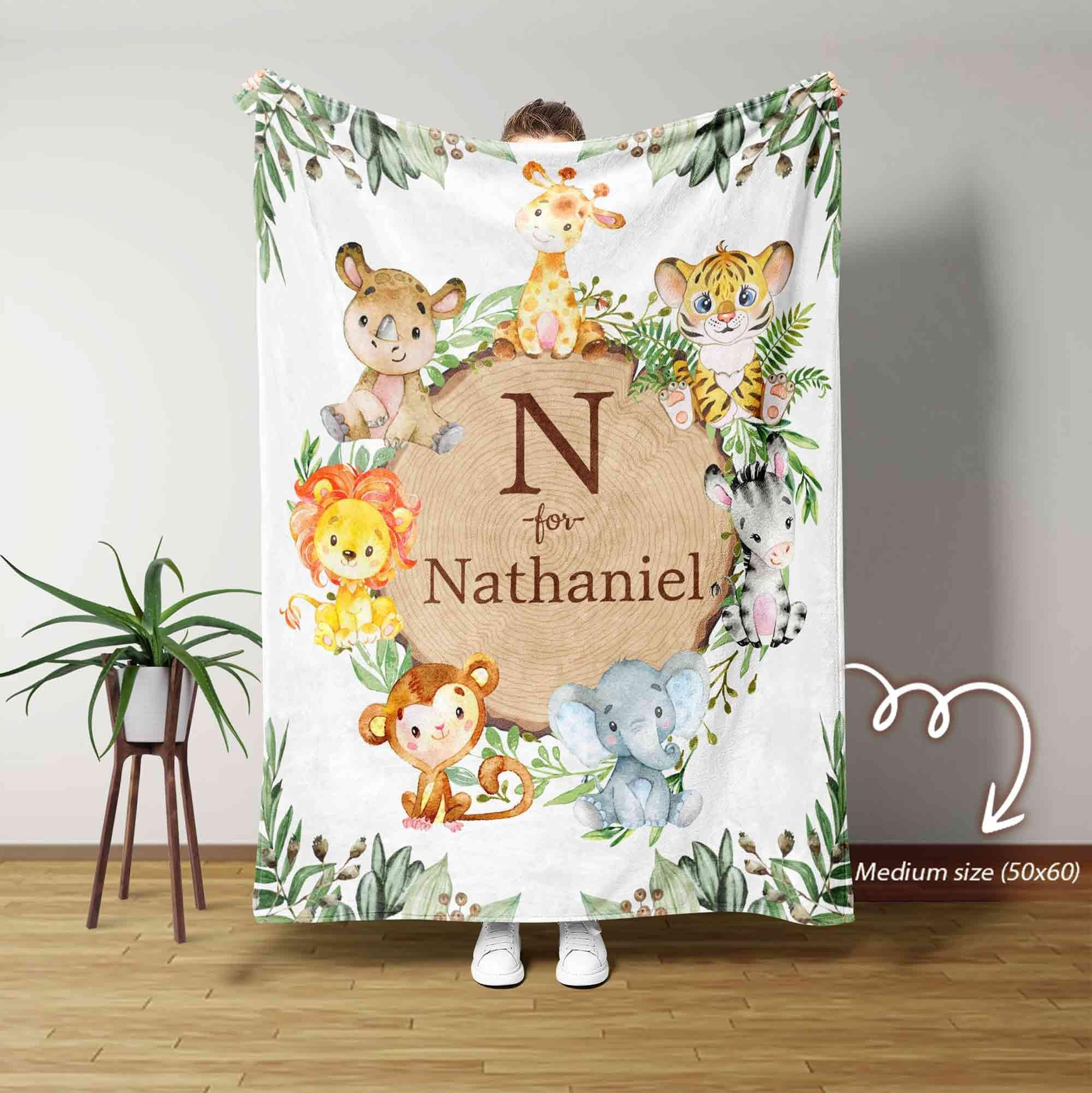 personalized woodland baby blanket, custom safari animal sherpa blanket, baby boy name blanket, nursery gift