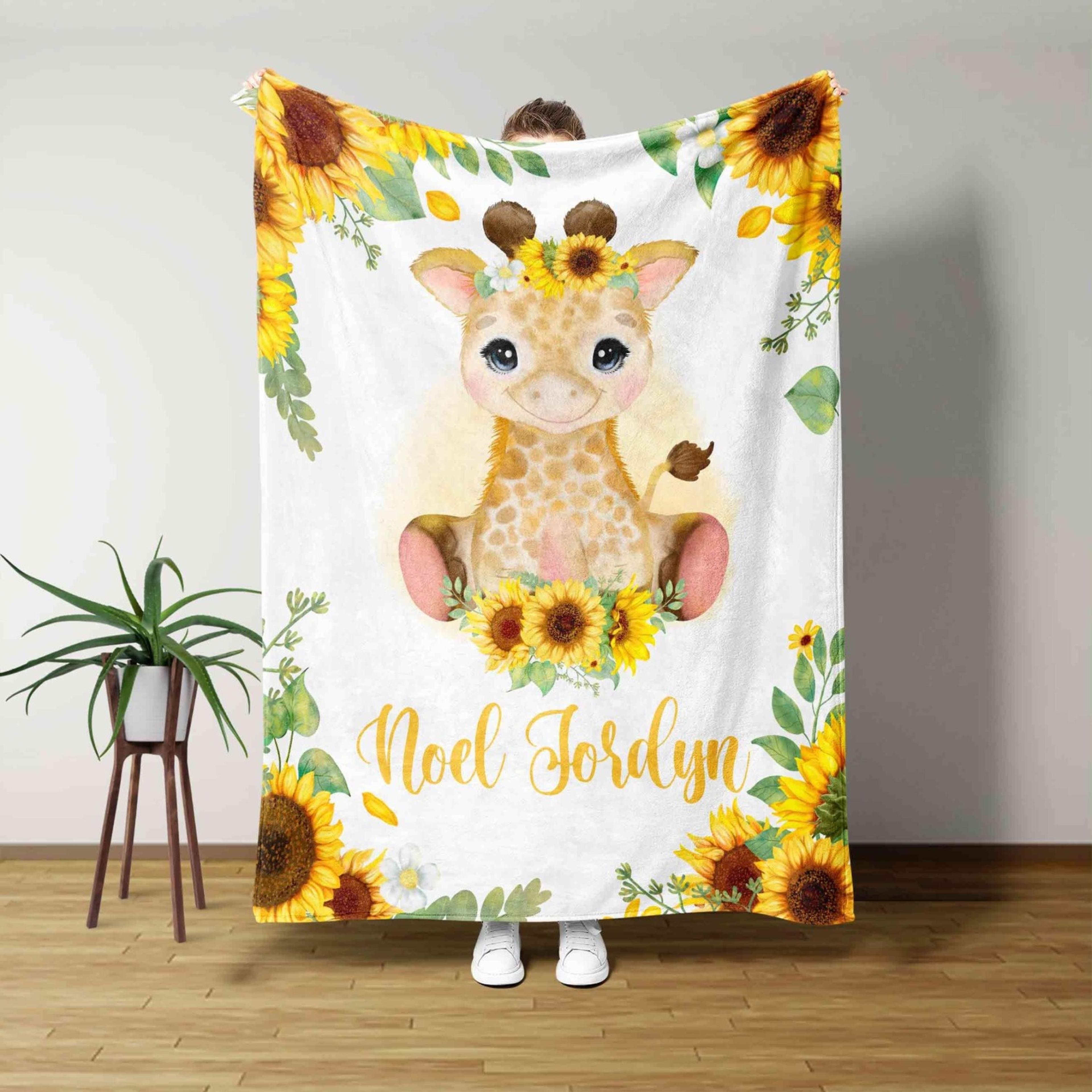 personalized giraffe baby blanket, custom name sherpa blanket, safari animal baby gift, giraffe nursery blanket