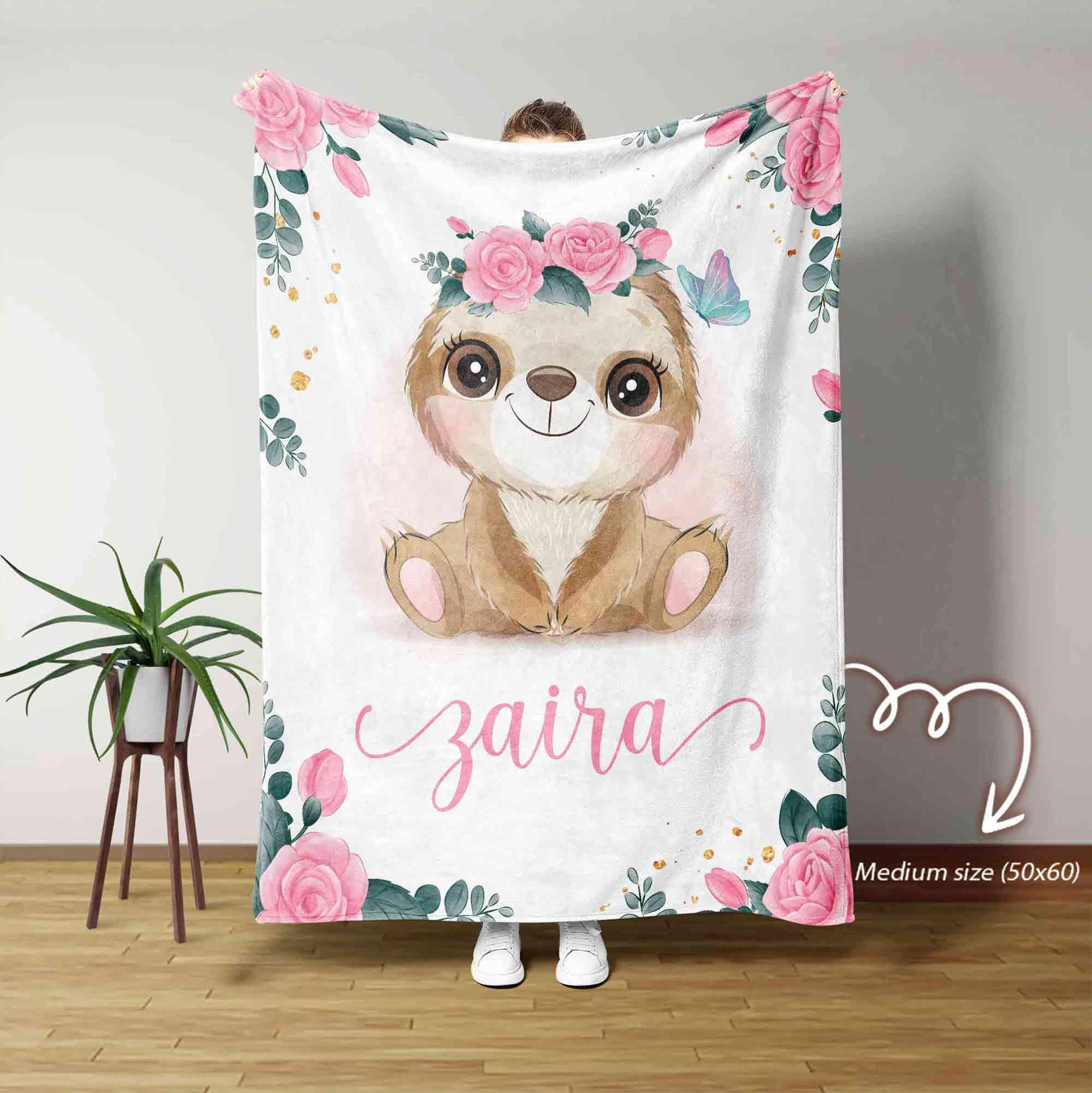 personalized sloth baby blanket, custom name sherpa blanket, sloth nursery blanket, baby shower gift, woodland animal