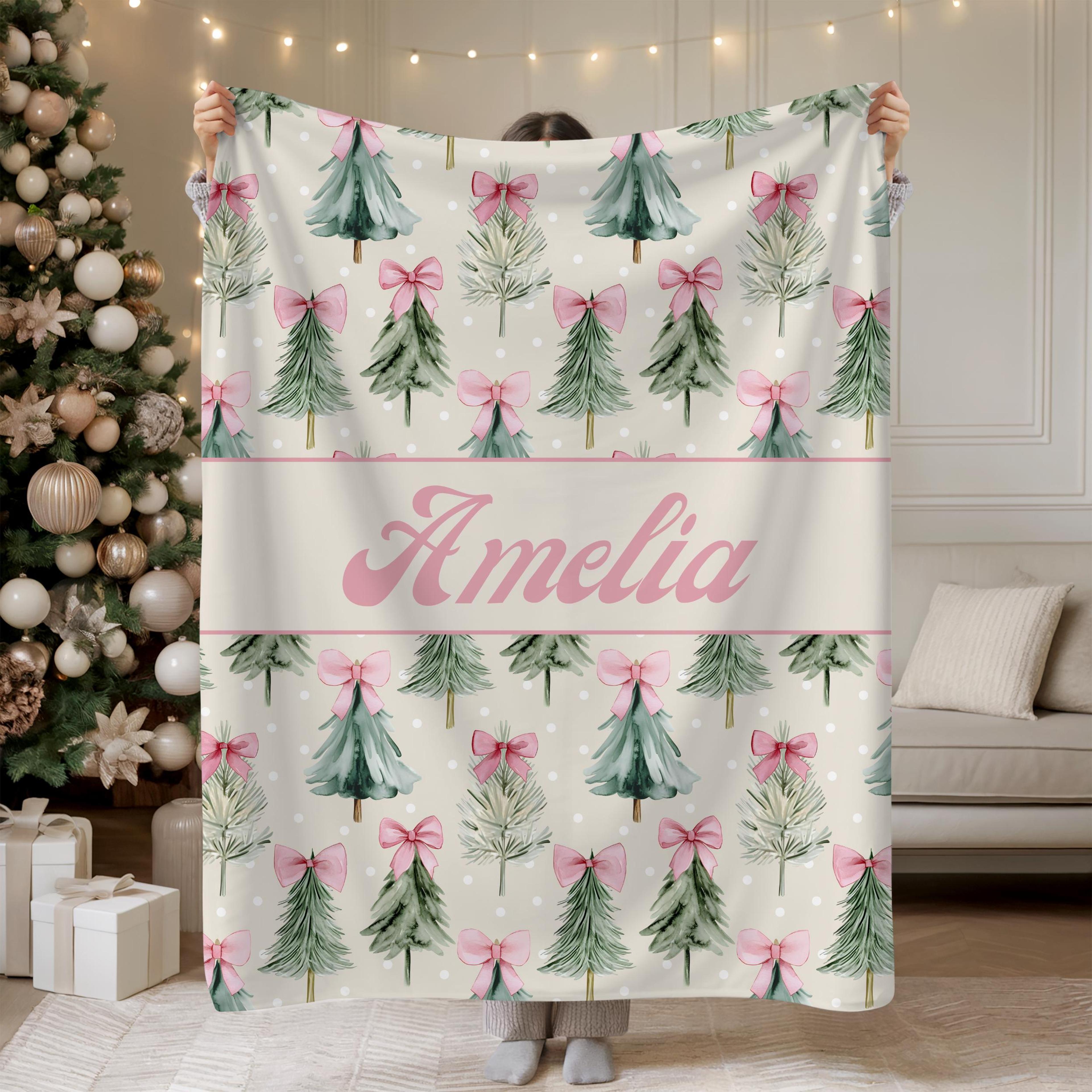 personalized christmas sherpa blanket, custom name christmas blanket, baby girl holiday blanket, christmas tree bow