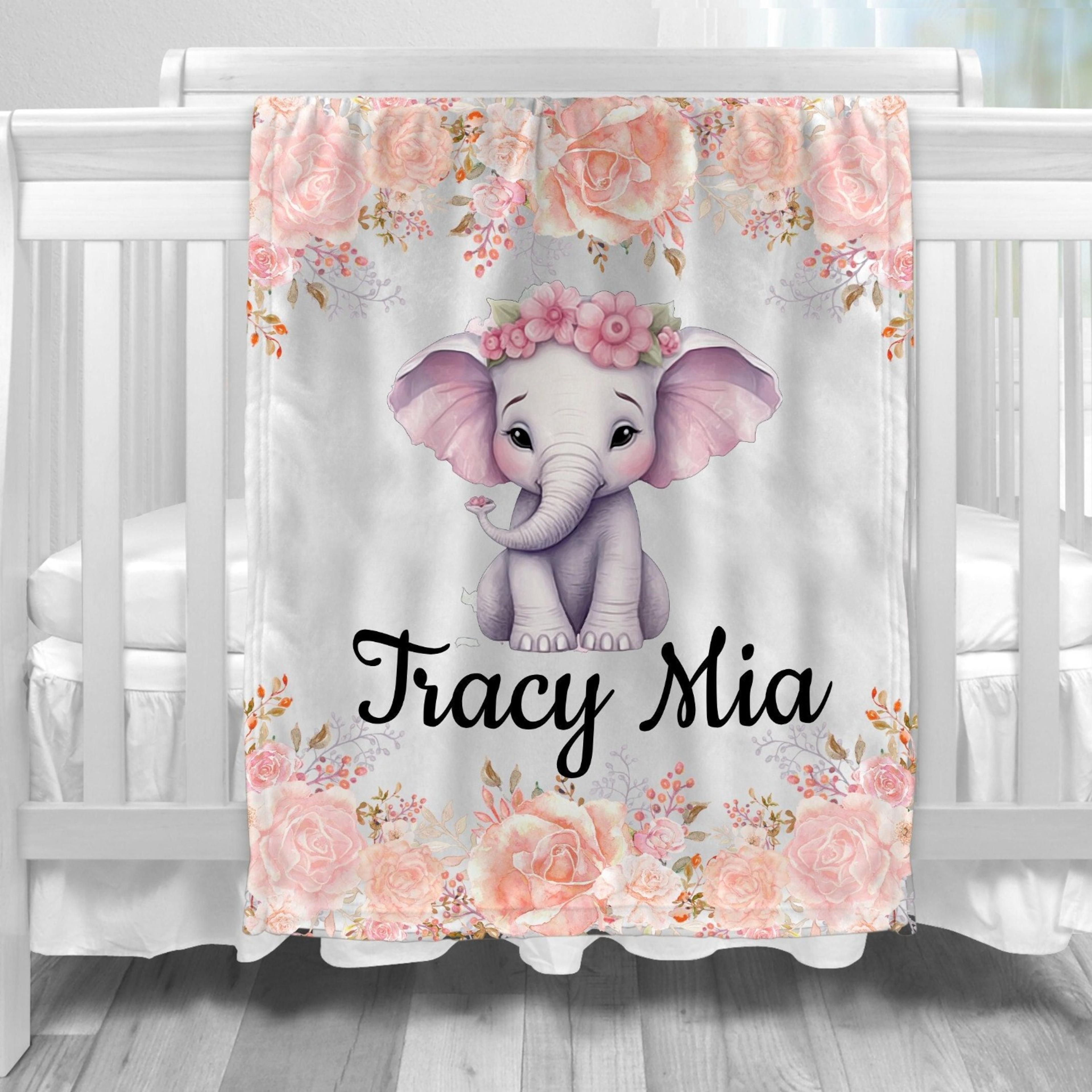 personalized elephant baby blanket, custom name sherpa blanket, floral elephant blanket, baby girl gift, nursery blanket