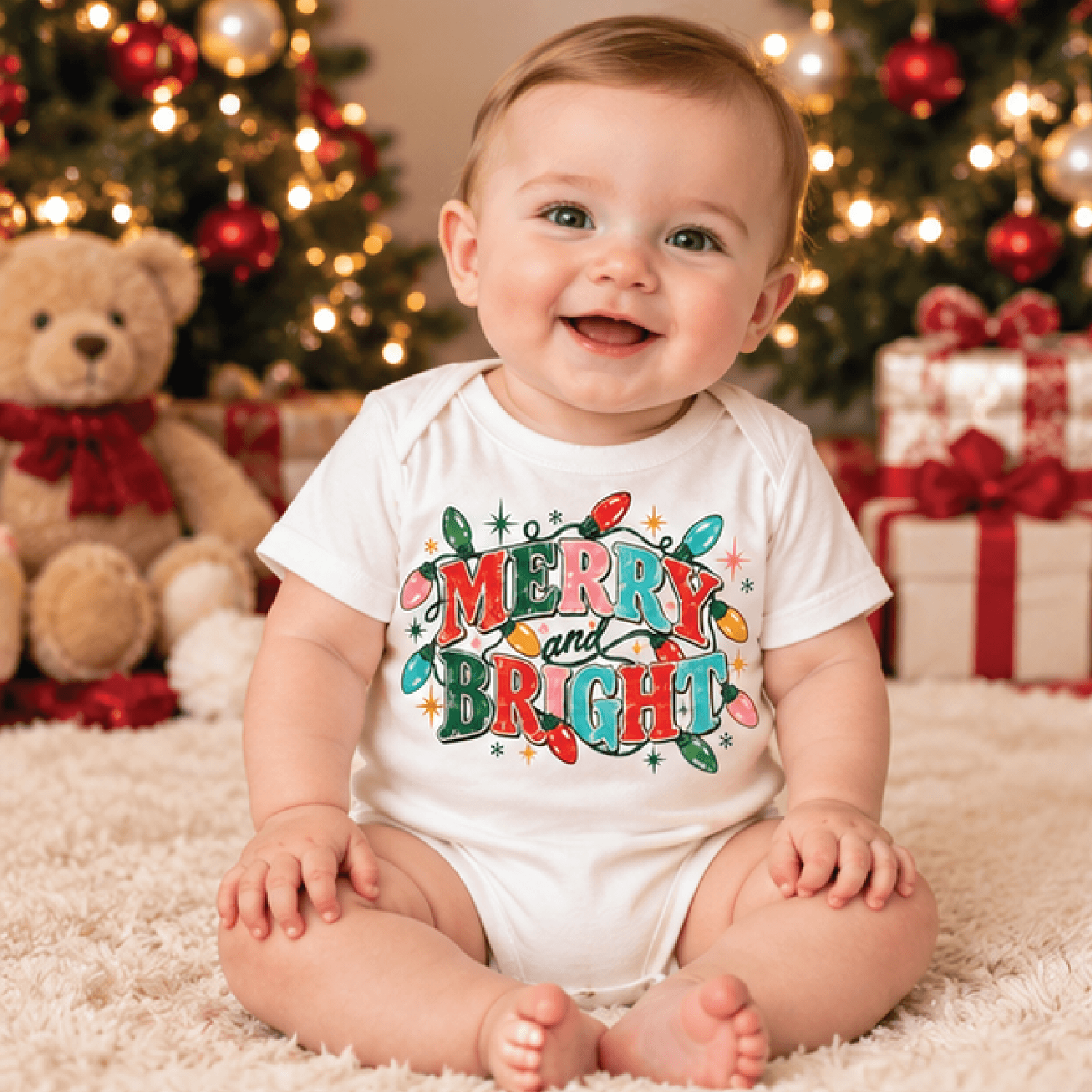 merry and bright christmas shirt, unisex kids holiday t-shirt, baby christmas bodysuit, colorful xmas lights family