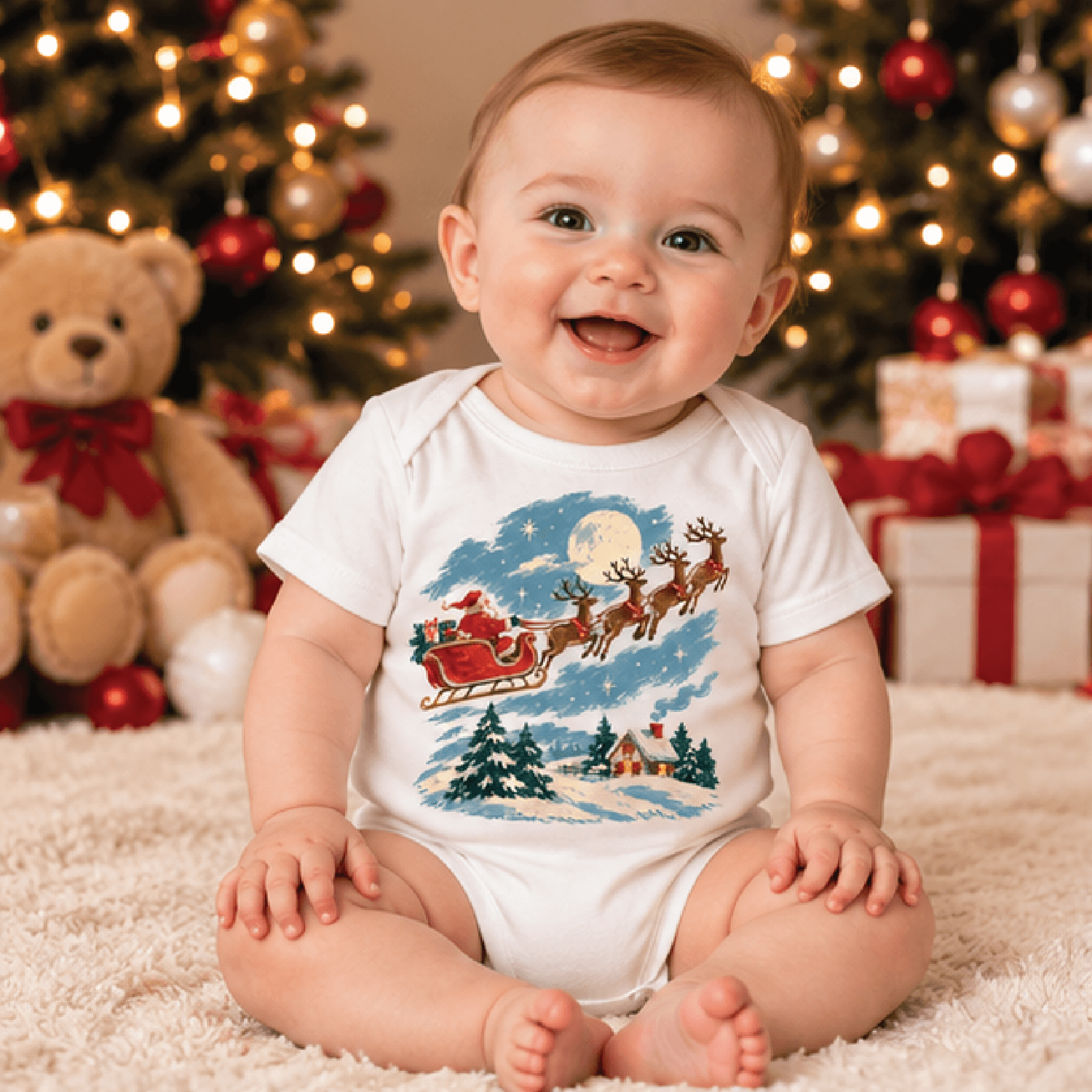 vintage santa sleigh christmas shirt, unisex kids holiday t-shirt, baby christmas bodysuit, retro reindeer xmas outfit