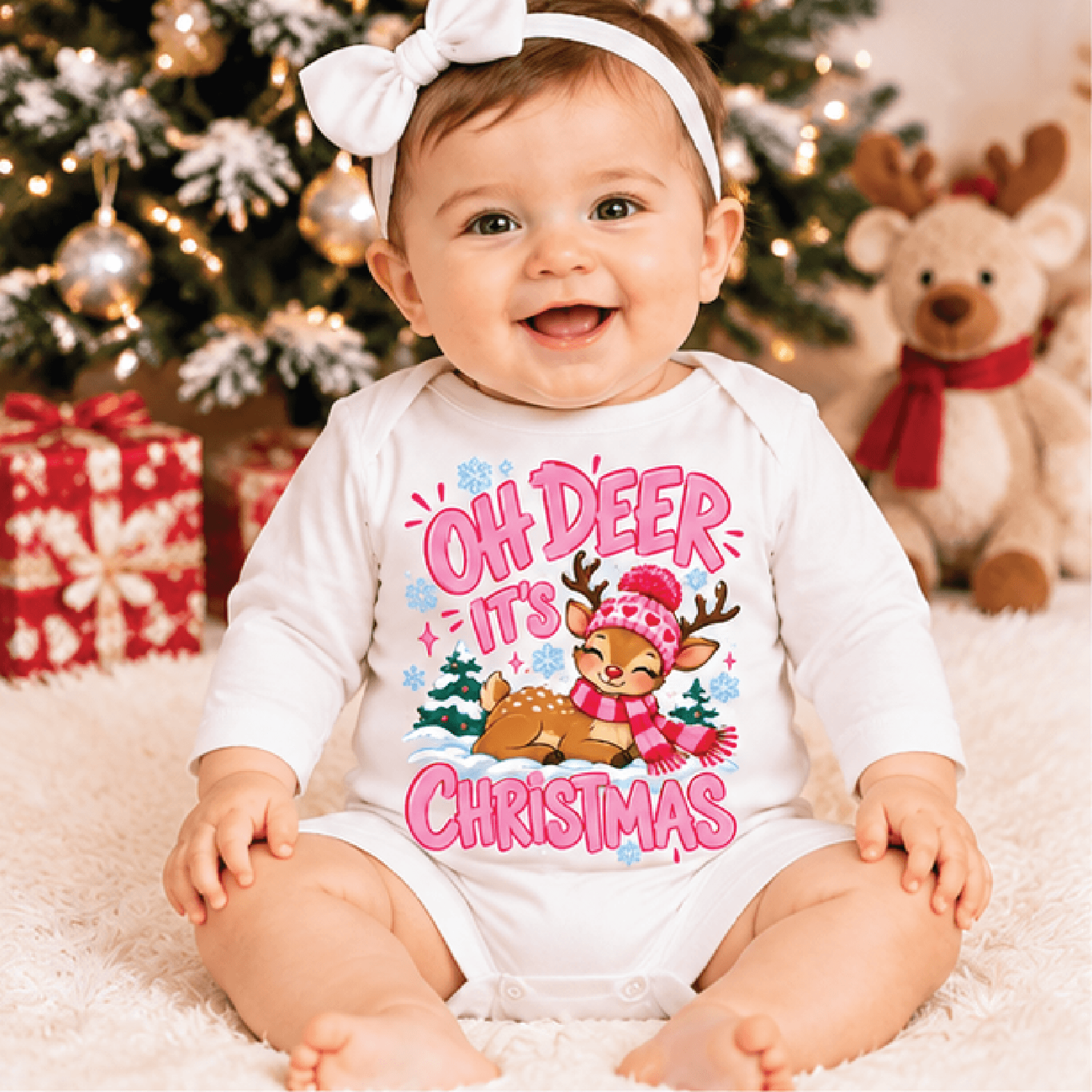 oh deer it's christmas shirt, cute pink reindeer christmas baby bodysuit, kids holiday t-shirt, toddler xmas outfit gift