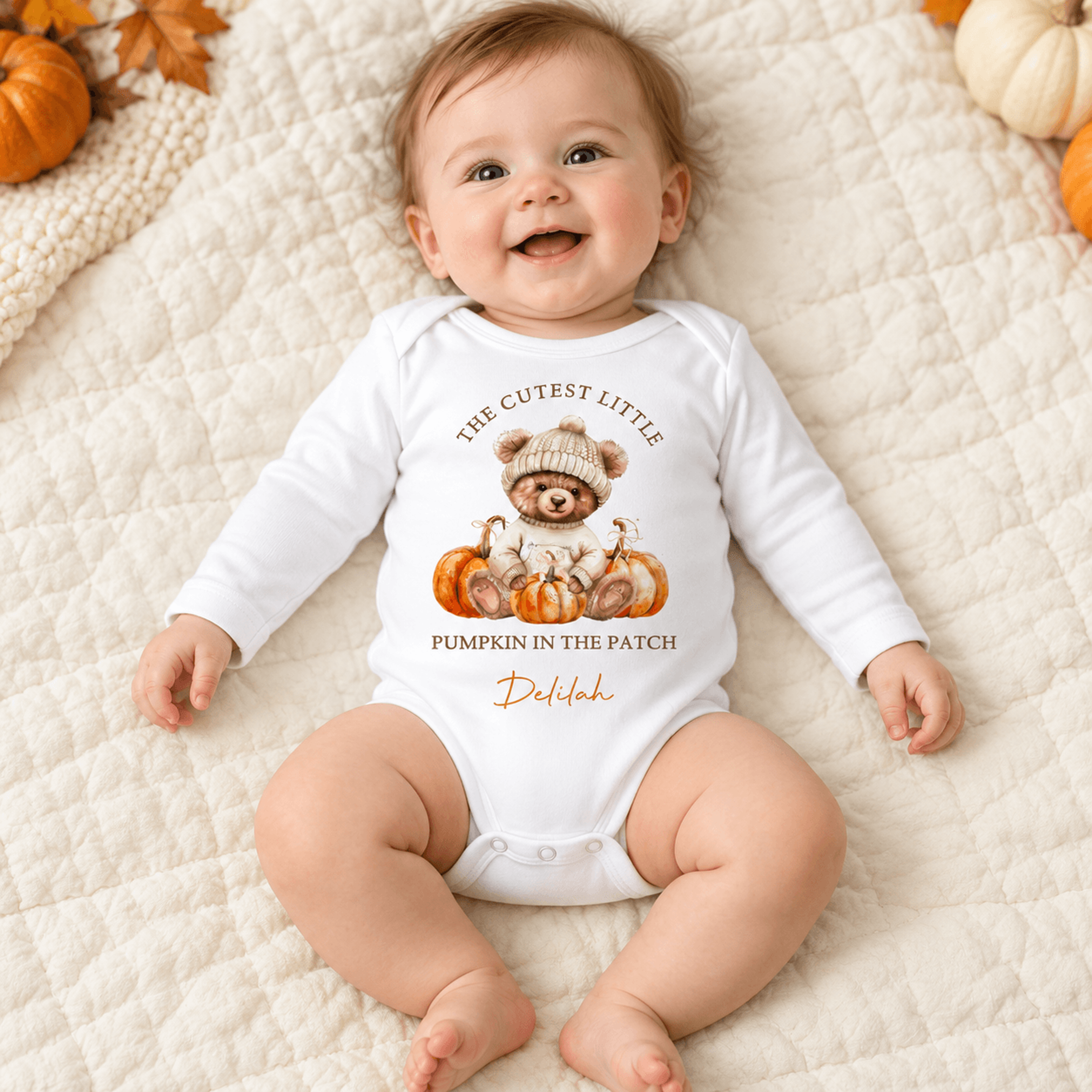 personalized pumpkin patch baby bodysuit, cutest little pumpkin teddy bear outfit, custom name fall baby onesie, unisex