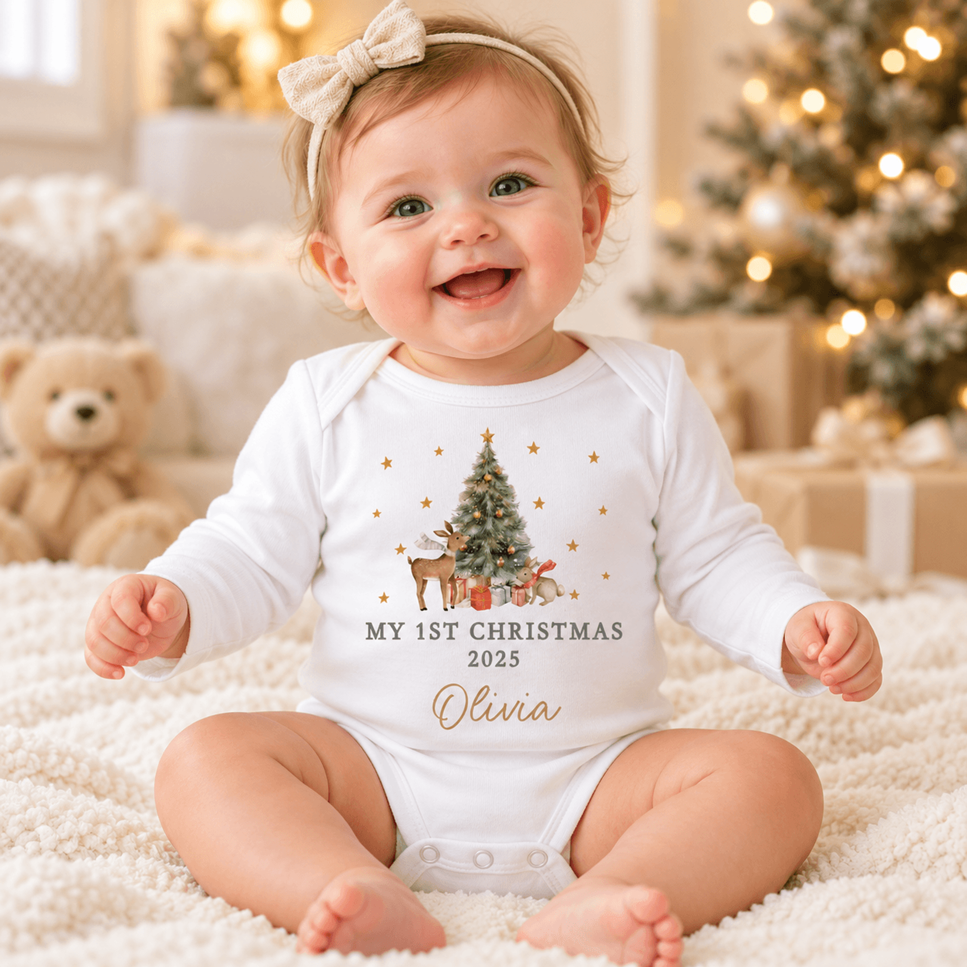 personalized my 1st christmas baby bodysuit, custom name woodland deer christmas onesie, baby first xmas outfit, unisex