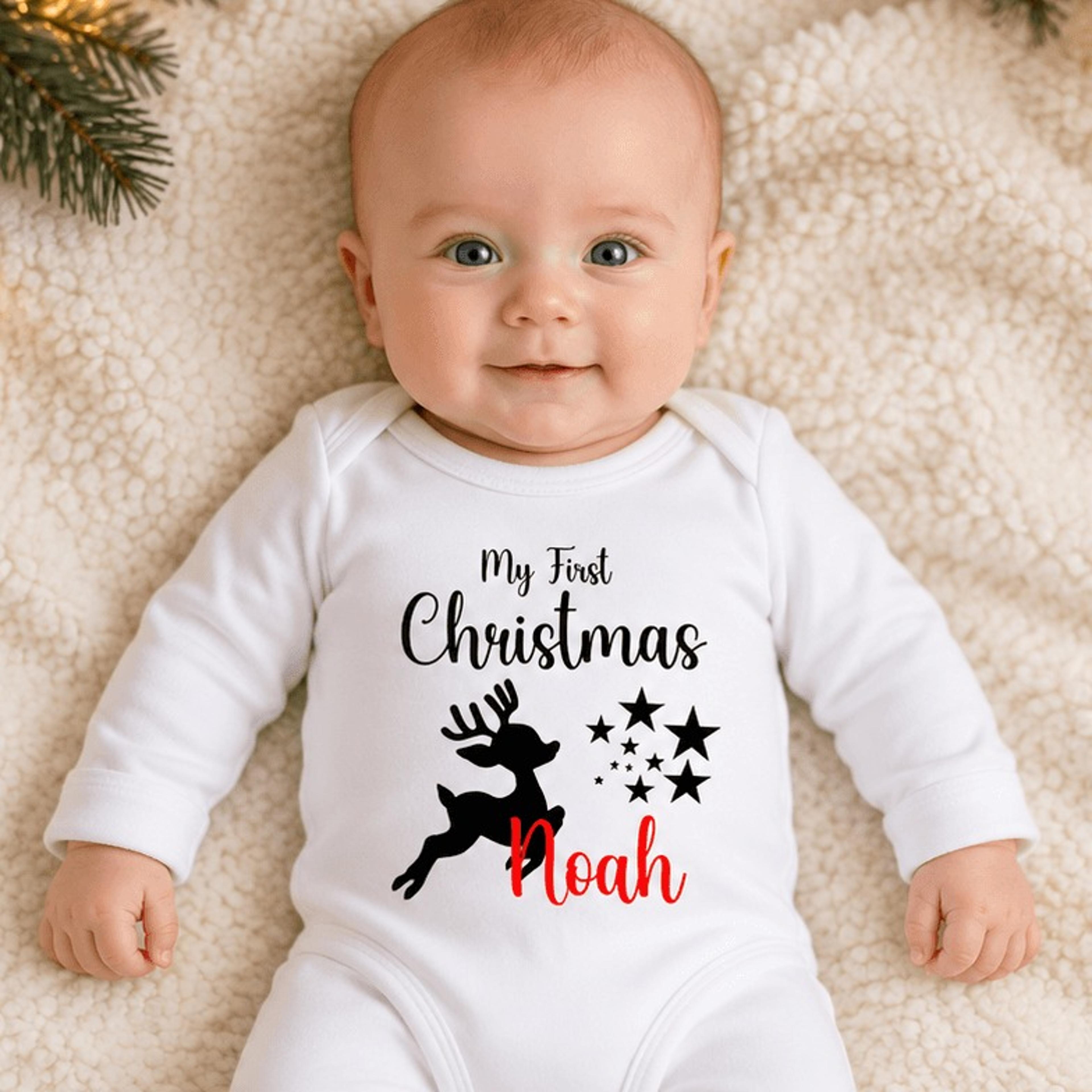 personalized my first christmas baby bodysuit, custom name reindeer christmas onesie, unisex baby holiday outfit, xmas