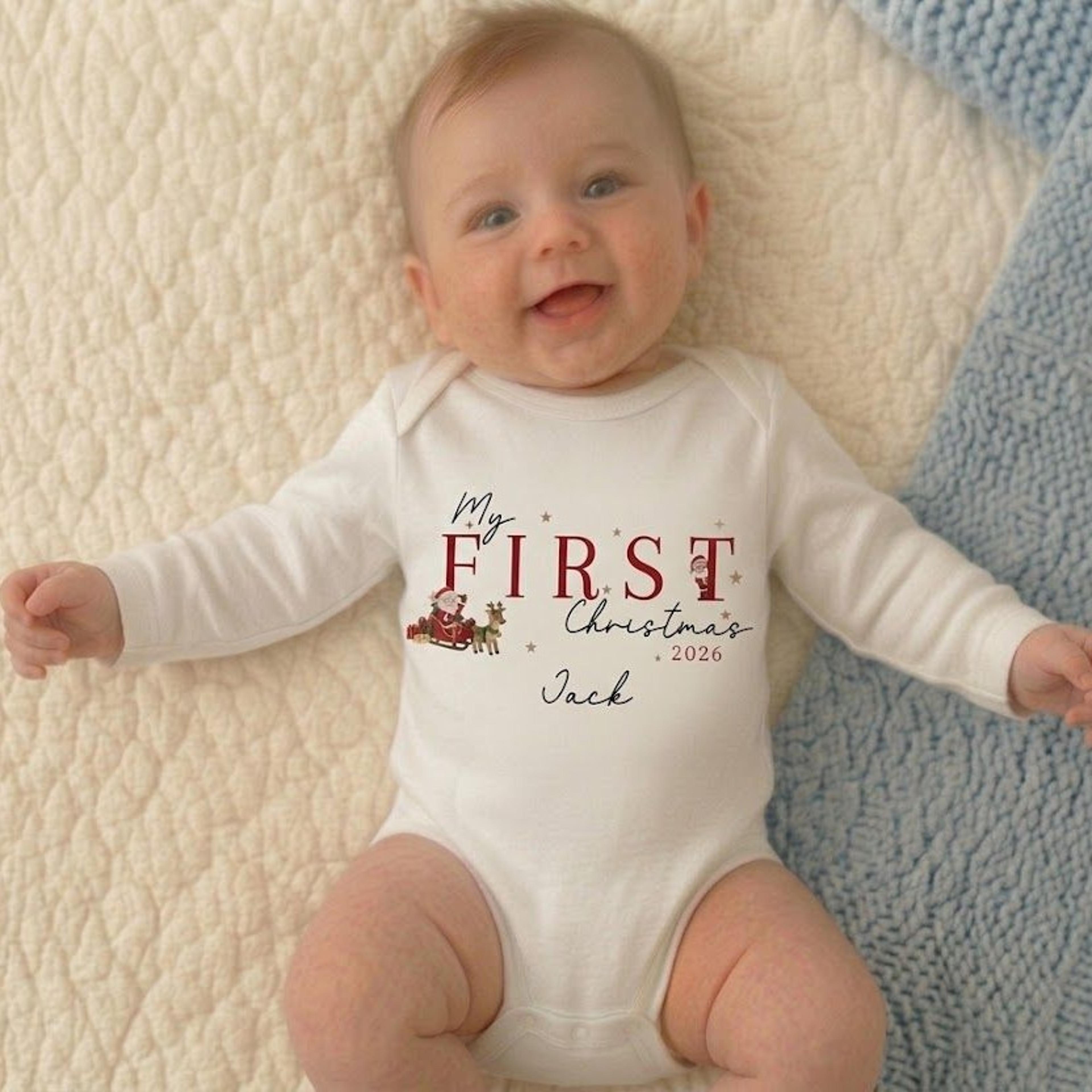 personalized my first christmas baby bodysuit, custom name santa sleigh christmas onesie, unisex baby holiday outfit