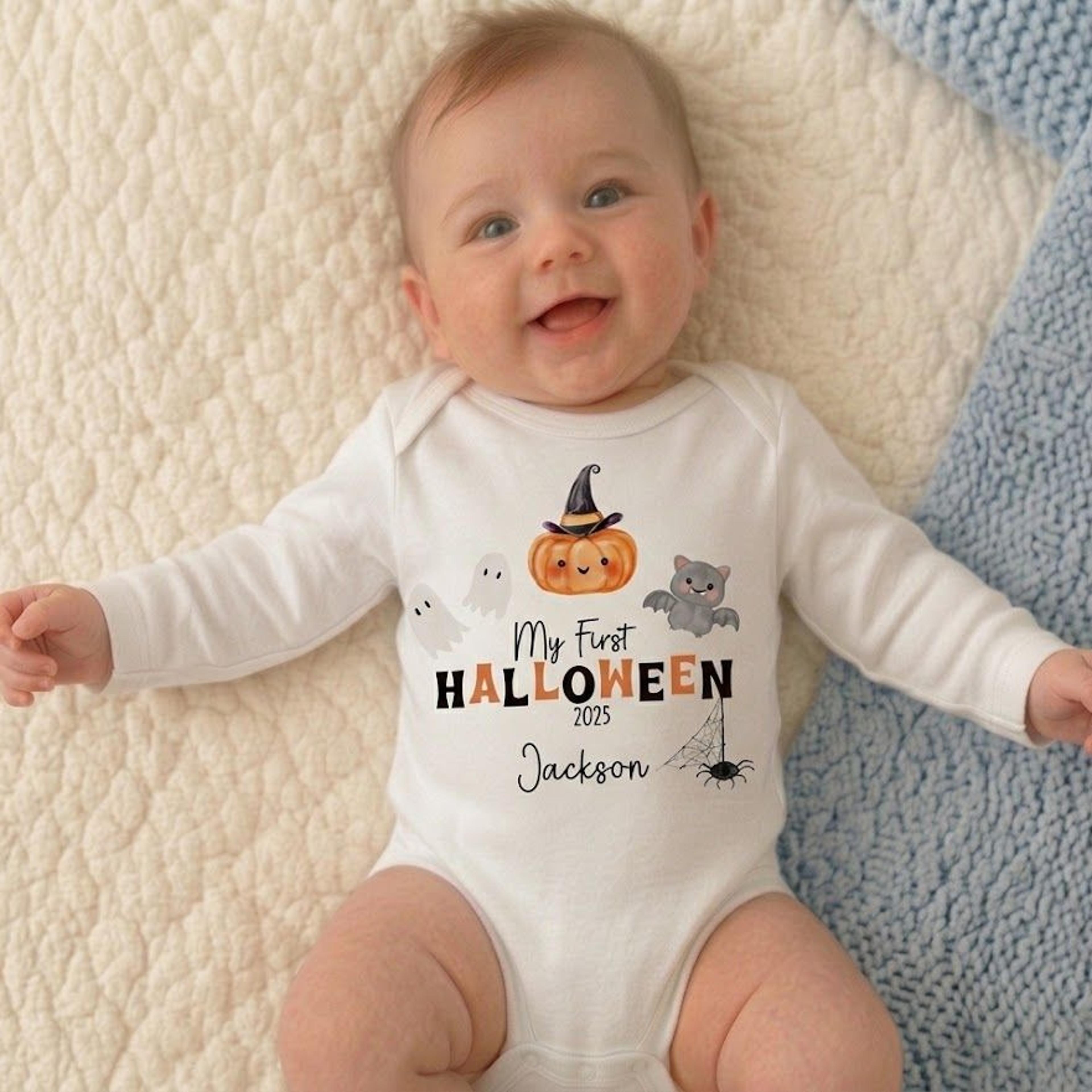 personalized my first halloween baby bodysuit, custom baby name halloween outfit, cute pumpkin ghost bat newborn gift