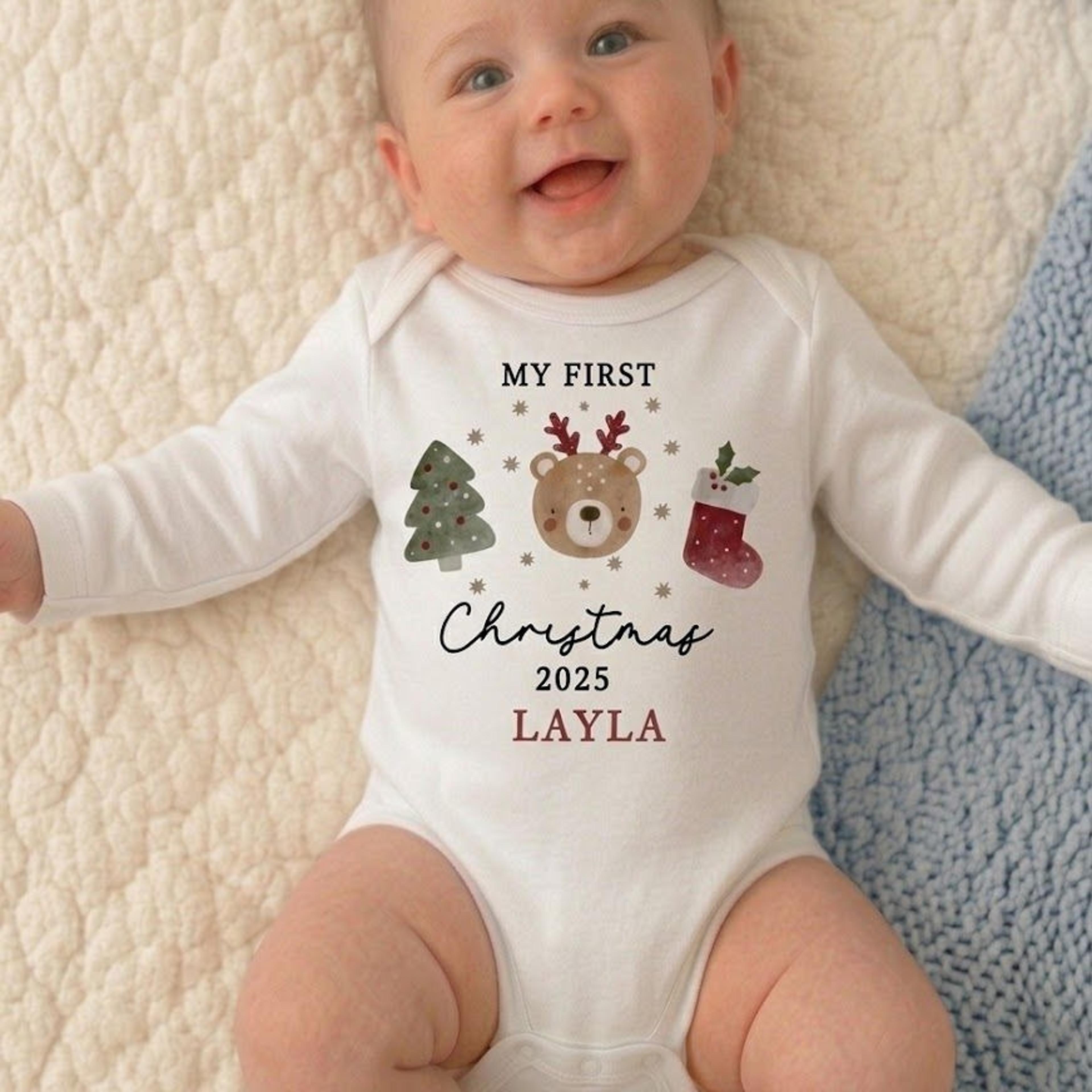 personalized my first christmas baby bodysuit, custom baby name christmas outfit, cute reindeer bear holiday newborn gif
