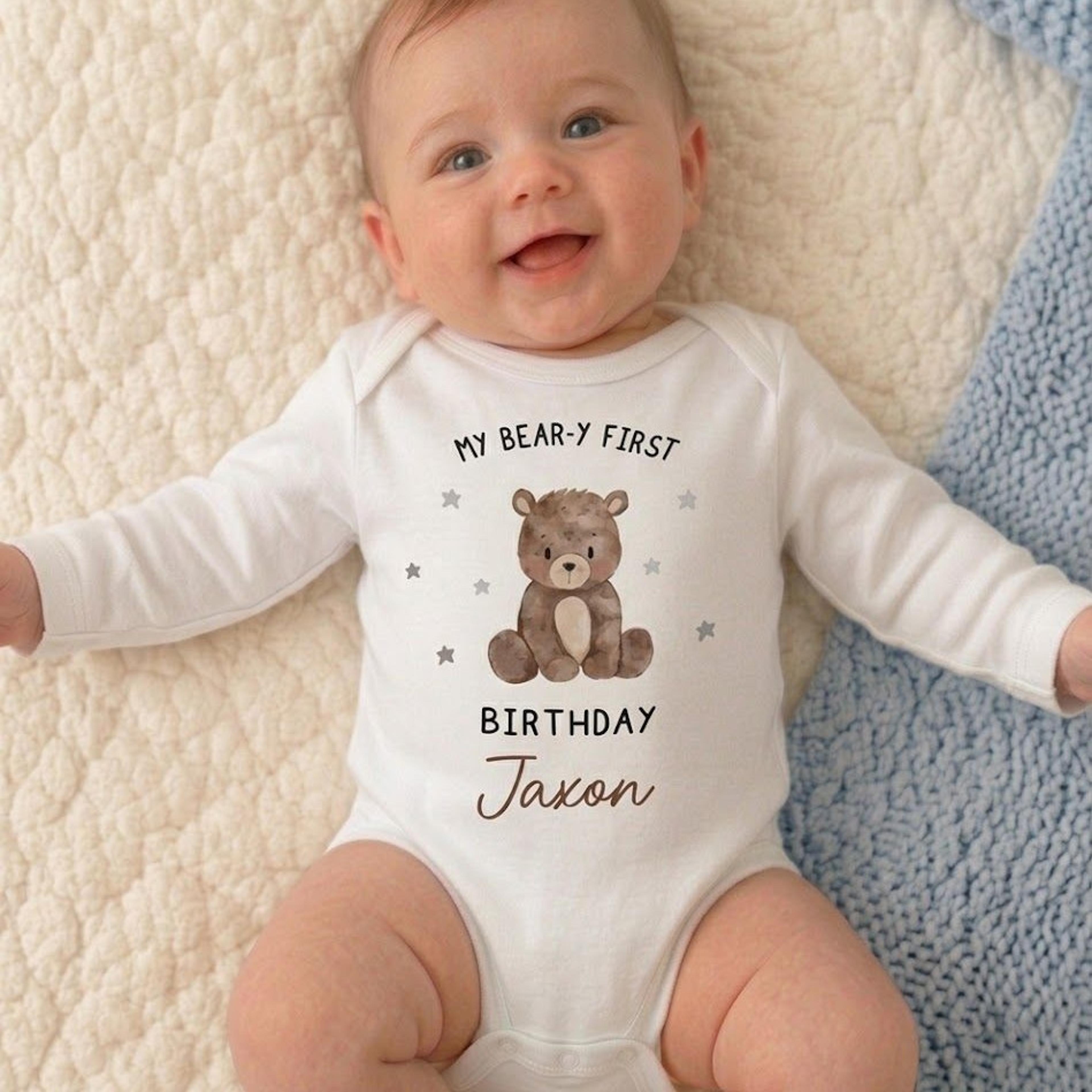 personalized my bear-y first birthday baby bodysuit, custom baby name teddy bear 1st birthday outfit, unisex baby gift