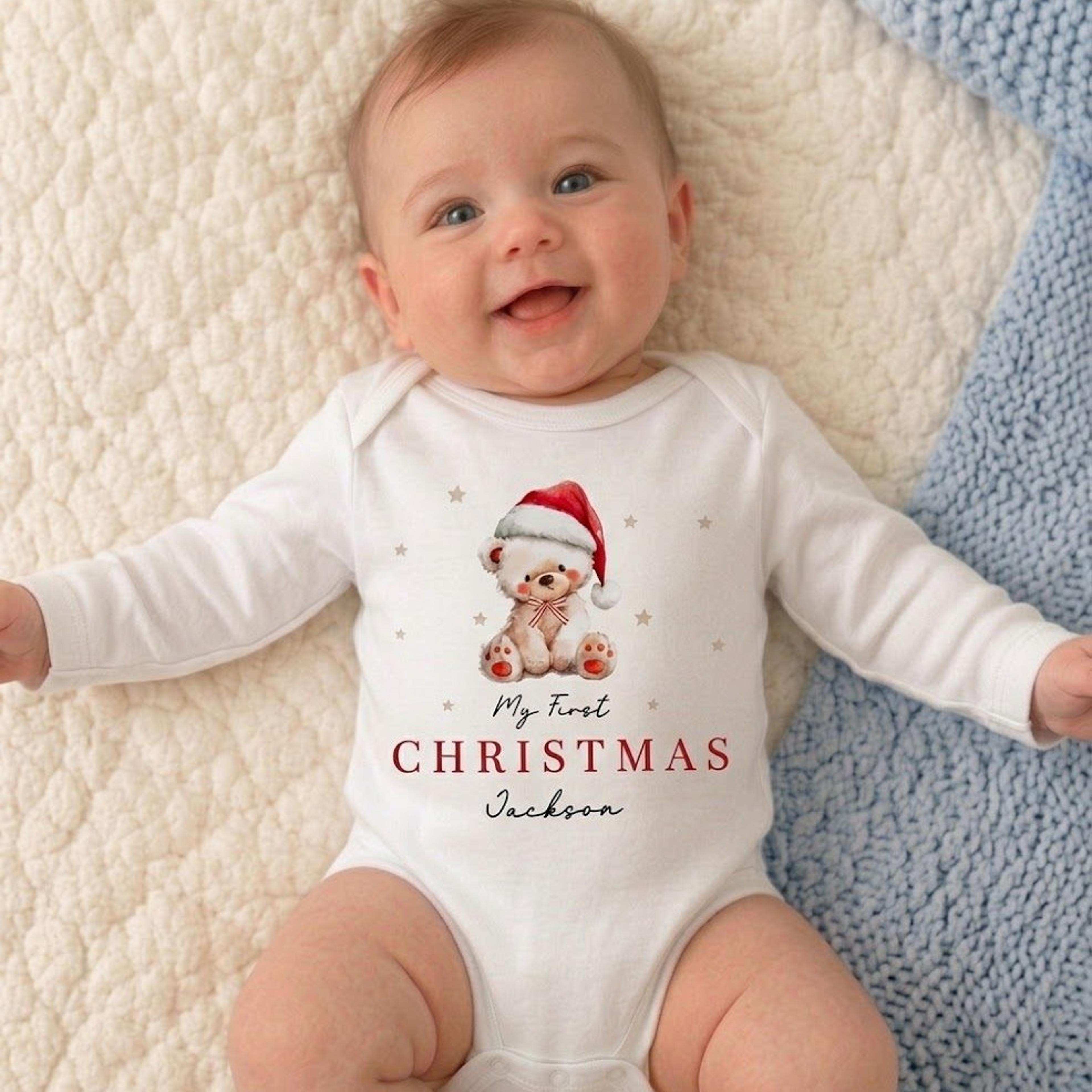 personalized my first christmas baby bodysuit, custom baby name santa teddy bear outfit, cute holiday unisex newborn gif