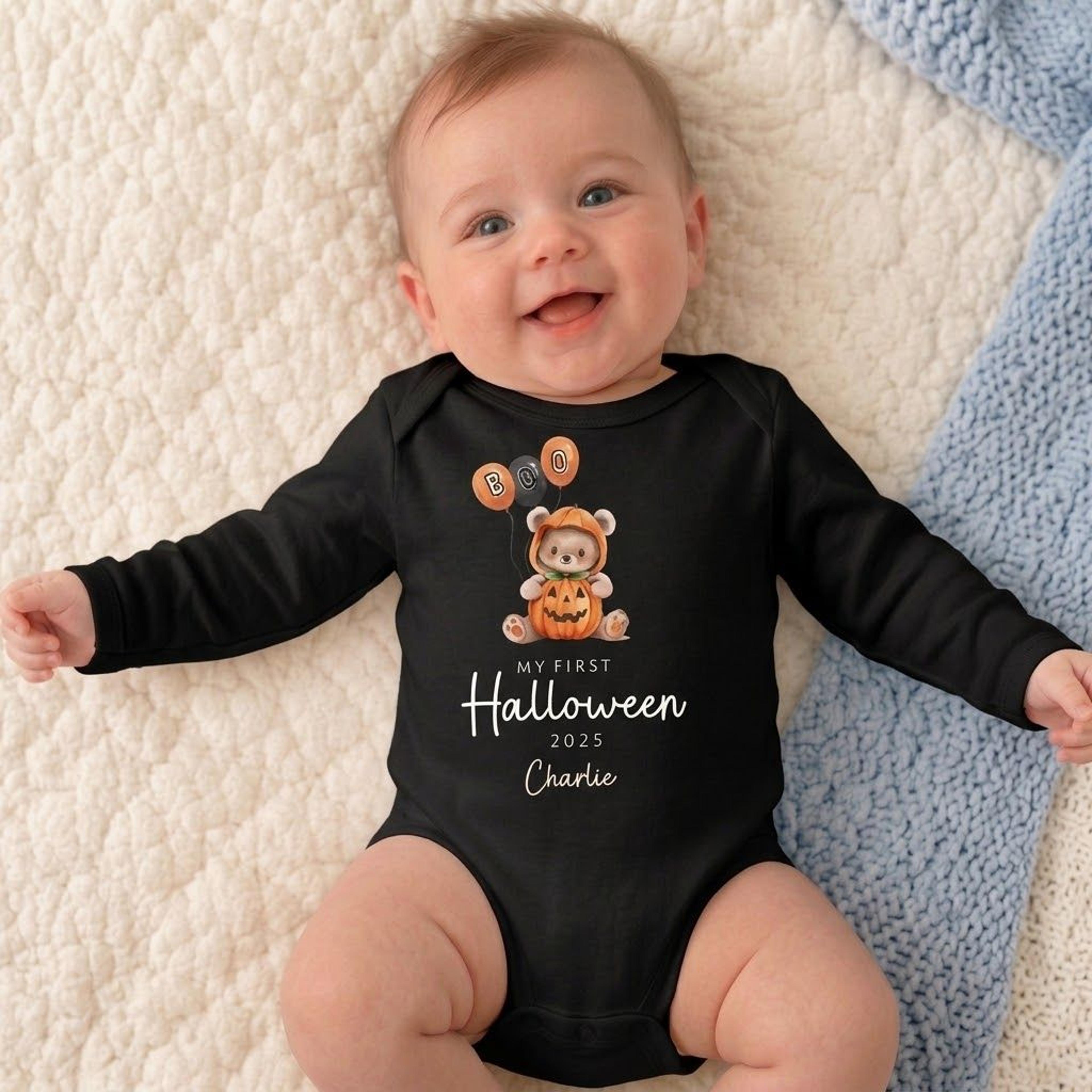 personalized my first halloween baby bodysuit, custom name pumpkin teddy bear outfit, cute spooky season unisex baby gif