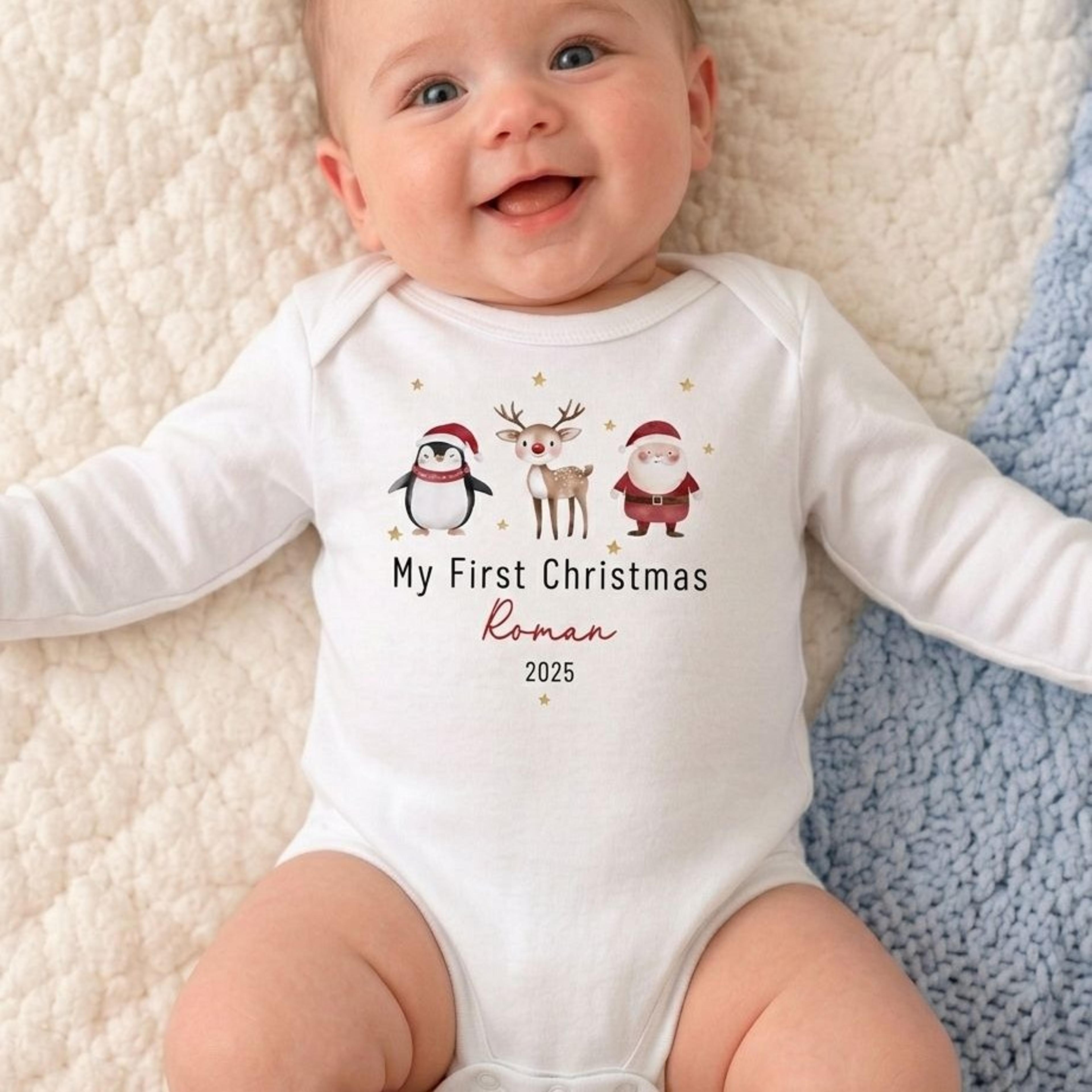 personalized my first christmas baby bodysuit, custom baby name and year, cute santa reindeer penguin holiday outfit