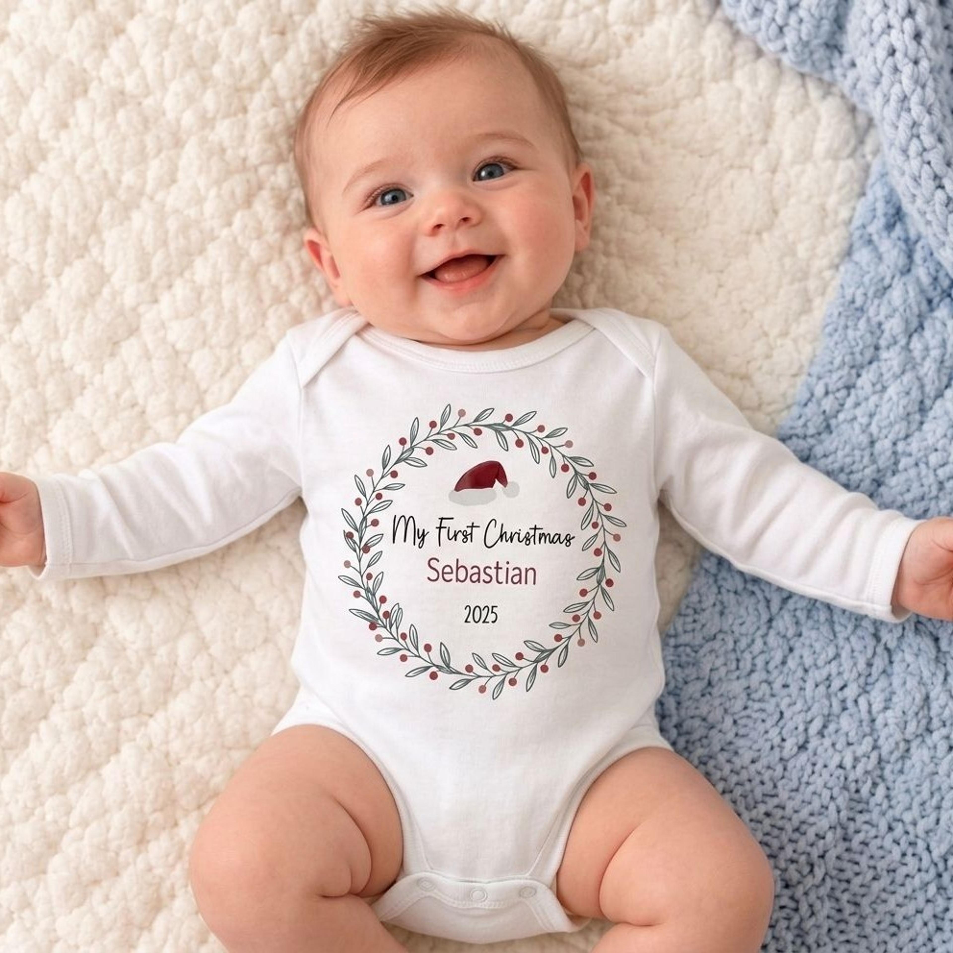personalized my first christmas baby bodysuit, custom baby name and year, christmas wreath santa hat outfit, unisex baby