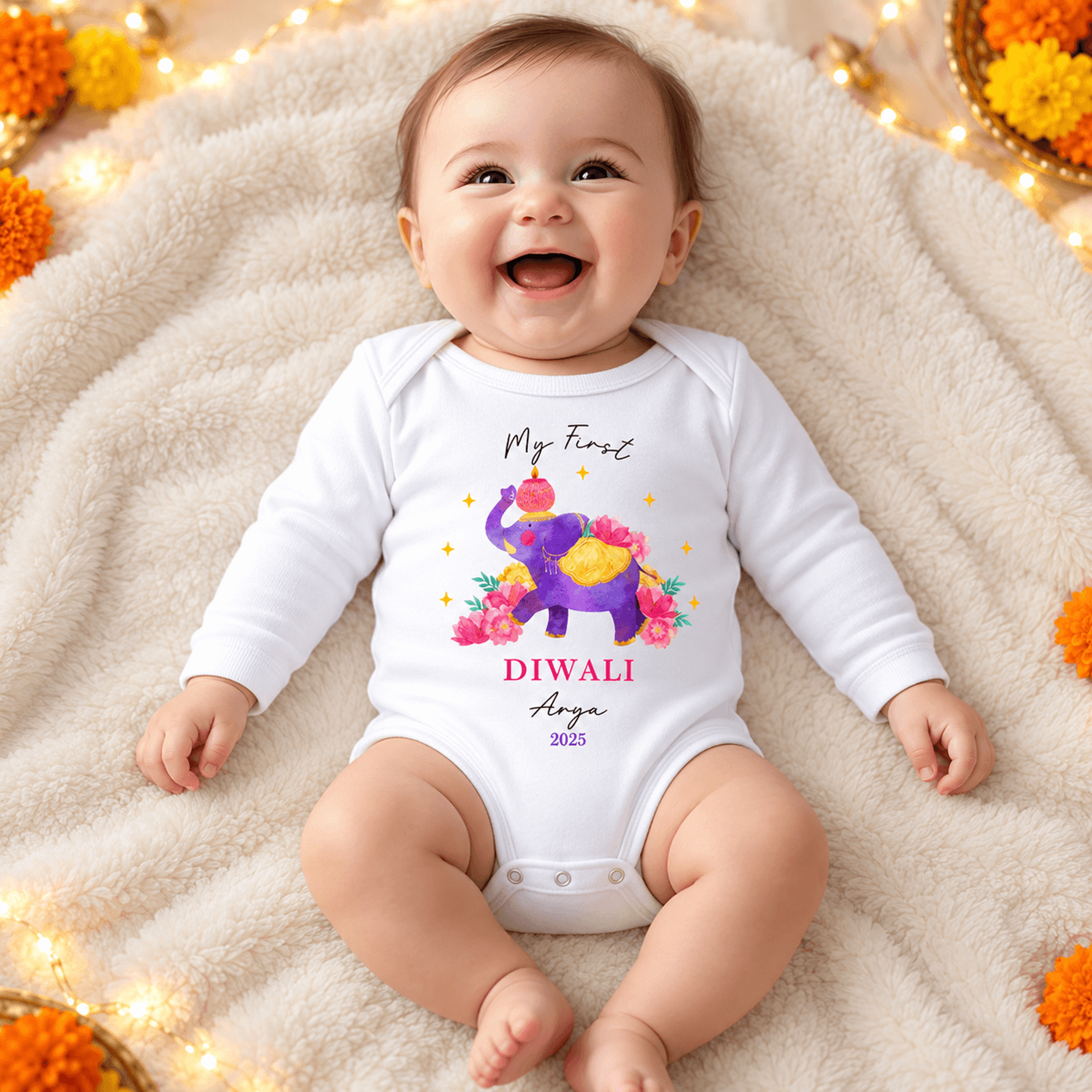 personalized my first diwali baby bodysuit, custom baby name elephant diwali outfit, festival of lights unisex newborn