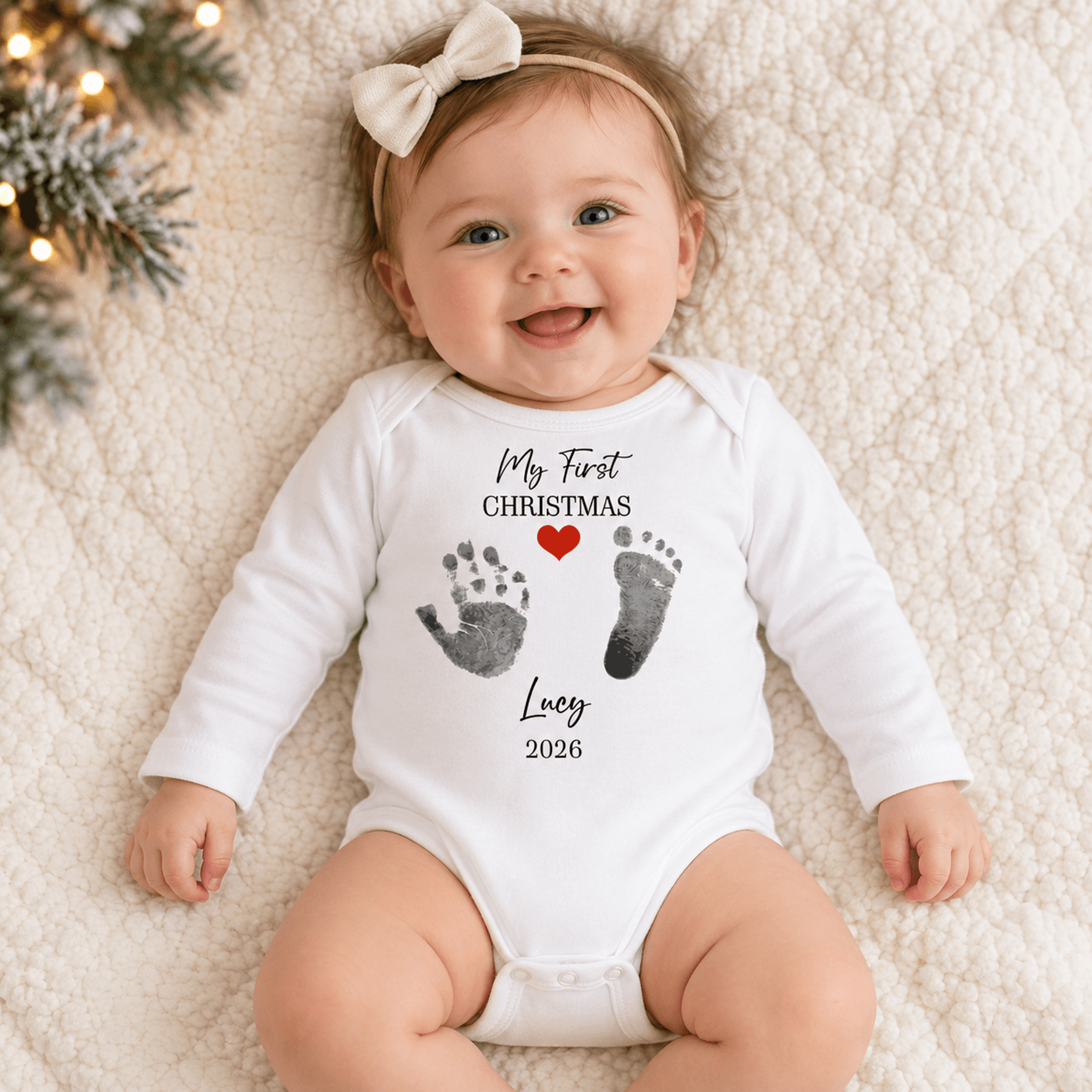 personalized my first christmas baby bodysuit, custom baby name handprint footprint christmas outfit, unisex newborn