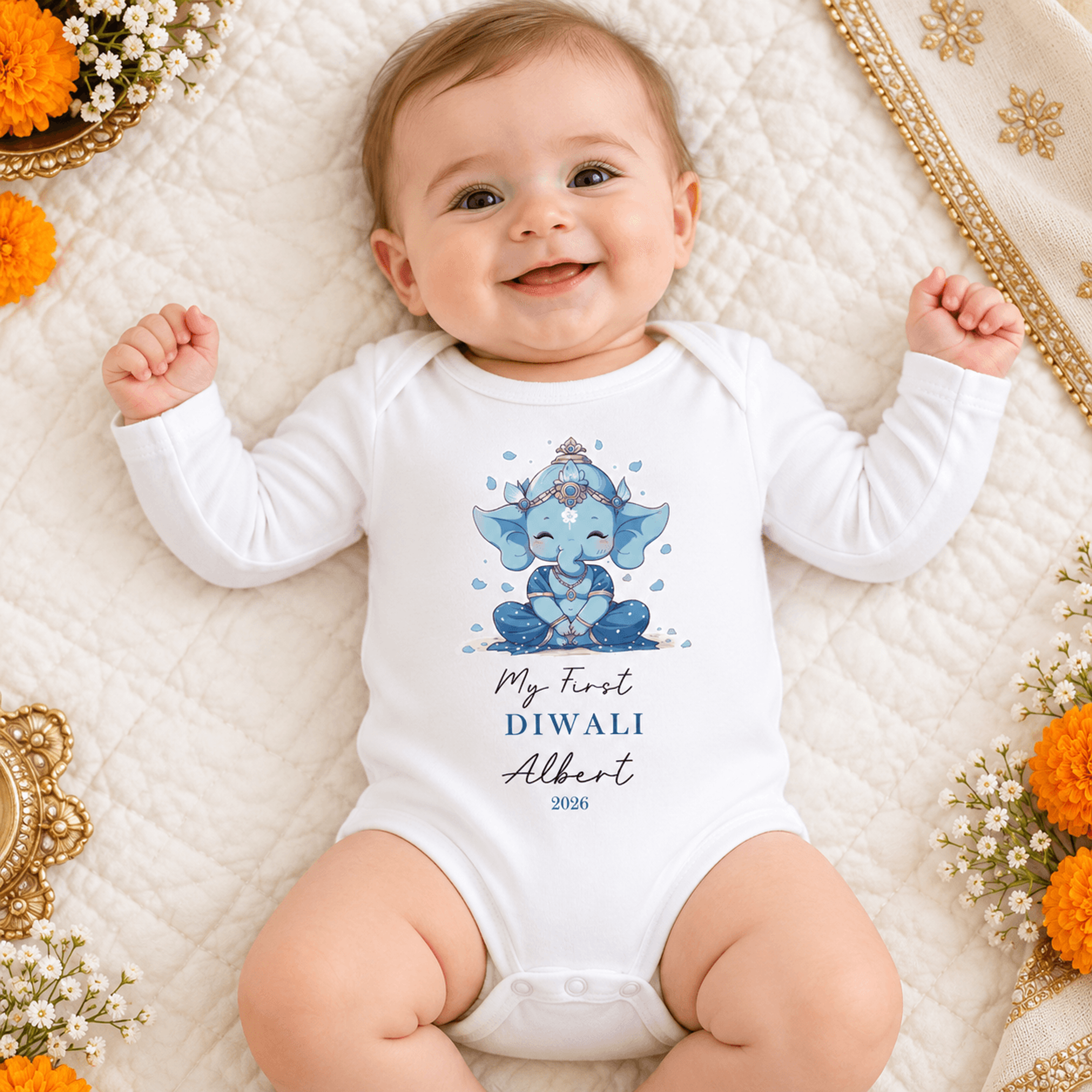 personalized my first diwali baby bodysuit, cute baby ganesha outfit, custom baby name diwali romper, unisex newborn