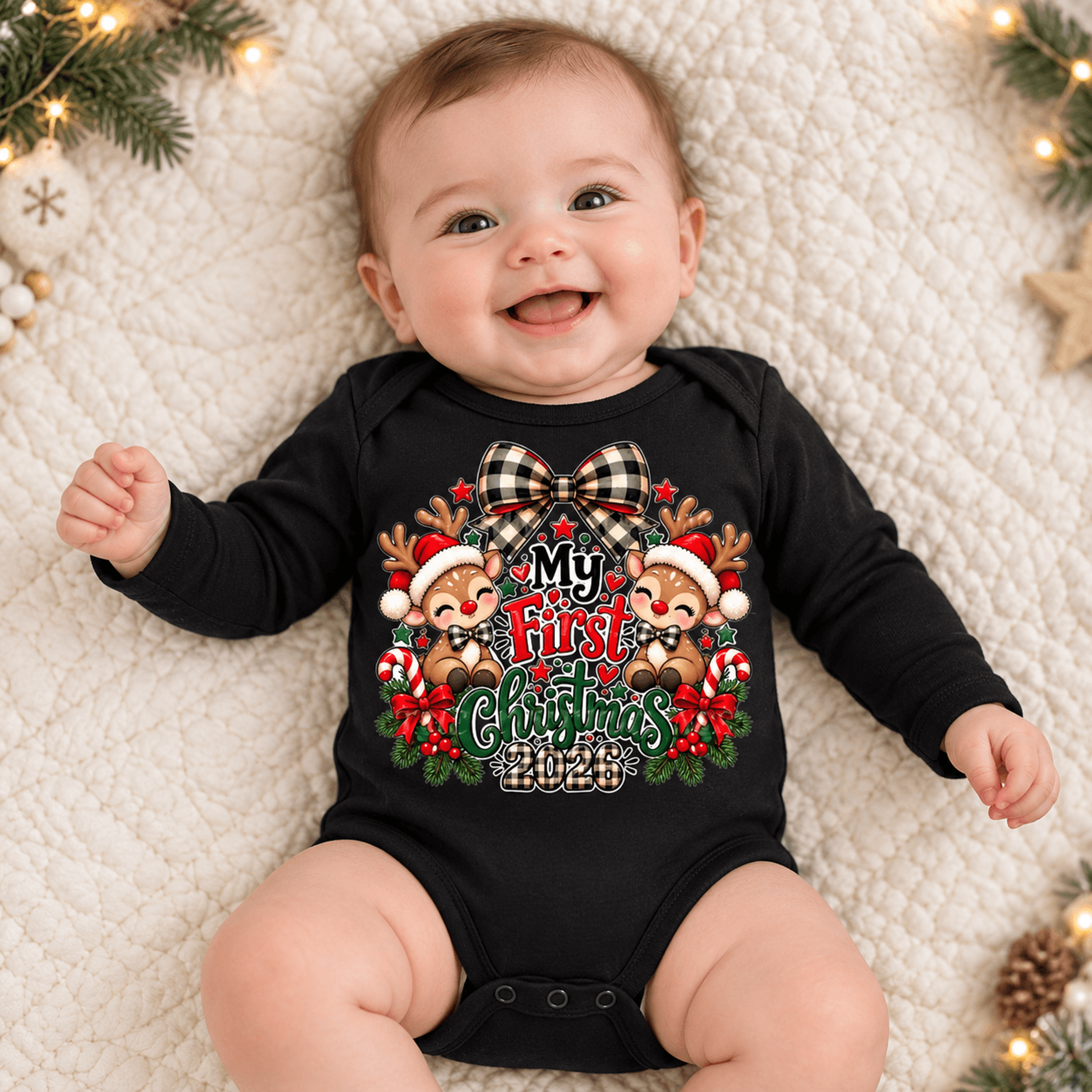 my first christmas 2026 baby bodysuit, cute reindeer christmas onesie, plaid bow holiday baby romper, newborn xmas outfi